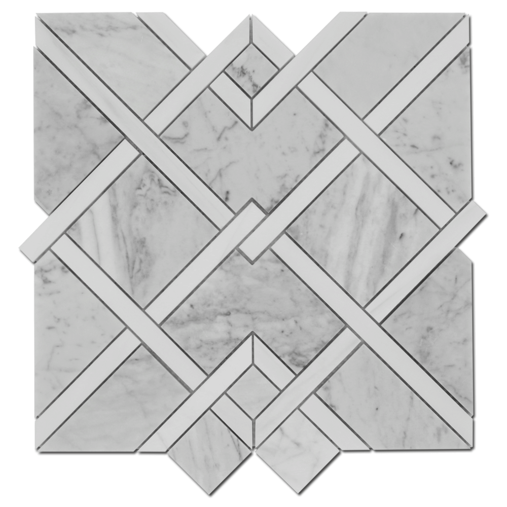 CARRARA: Bianco Venato Marble & Dolomite Piazza Mosaic (12 3/4"x14"x3/8" | polished)