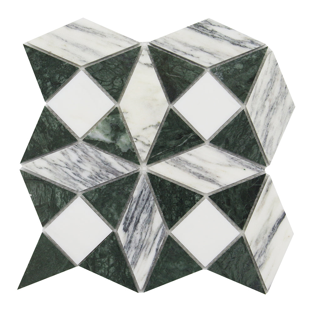 BIANCO VENATO: Teos Green Marble Kaleidoscope Mosaic (11"x11"x3/8" | polished)