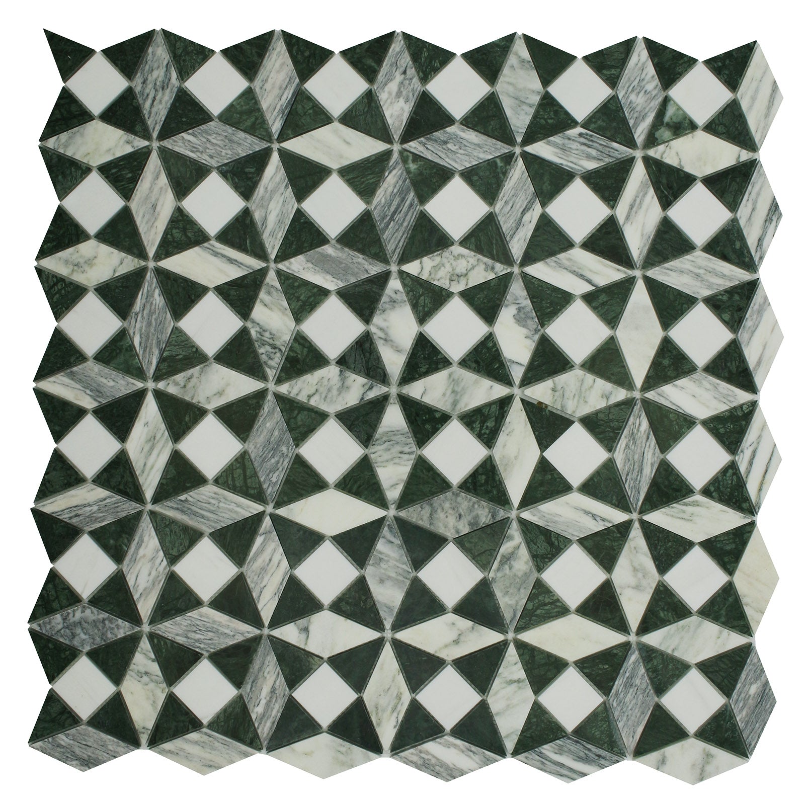 BIANCO VENATO: Teos Green Marble Kaleidoscope Mosaic (11"x11"x3/8" | polished)