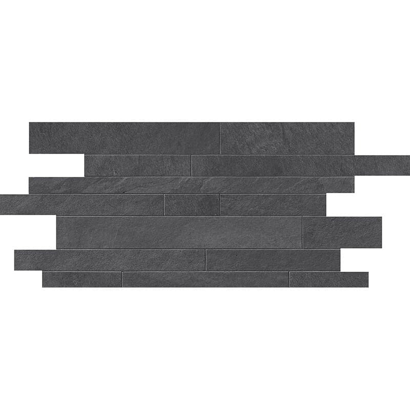 WATERFALL PORCELAIN: Dark Flow Stone Muretto Random Strip Mosaic (natural | 12"x24"x3/8" | rectified)
