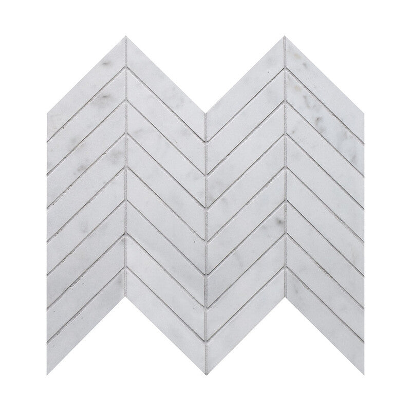 BIANCO CARRARA PORCELAIN: Bianco Carrara Chevron Mosaic (polished | 10"x11"x25/64" | straight cut)