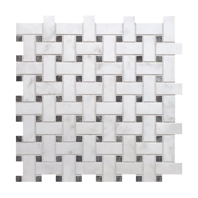 BIANCO CARRARA PORCELAIN: Bianco Carrara Trama Basketweave Mosaic (polished | 12"x12"x25/64" | straight cut)