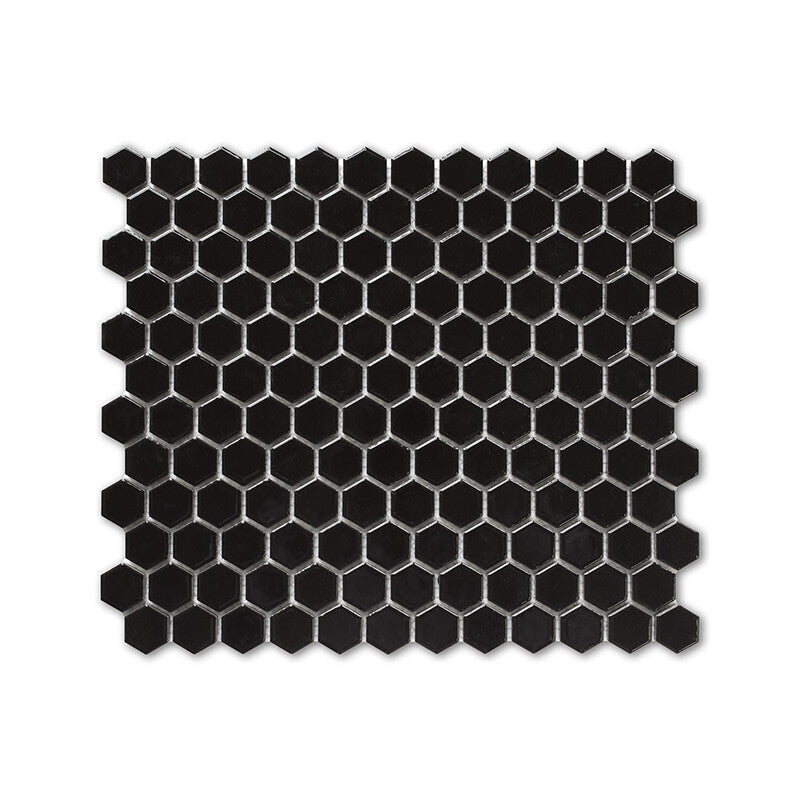 ALPINE PORCELAIN: Black Penny Hexagon Mosaic (glossy | 10"x11"x1/8" | rectified)