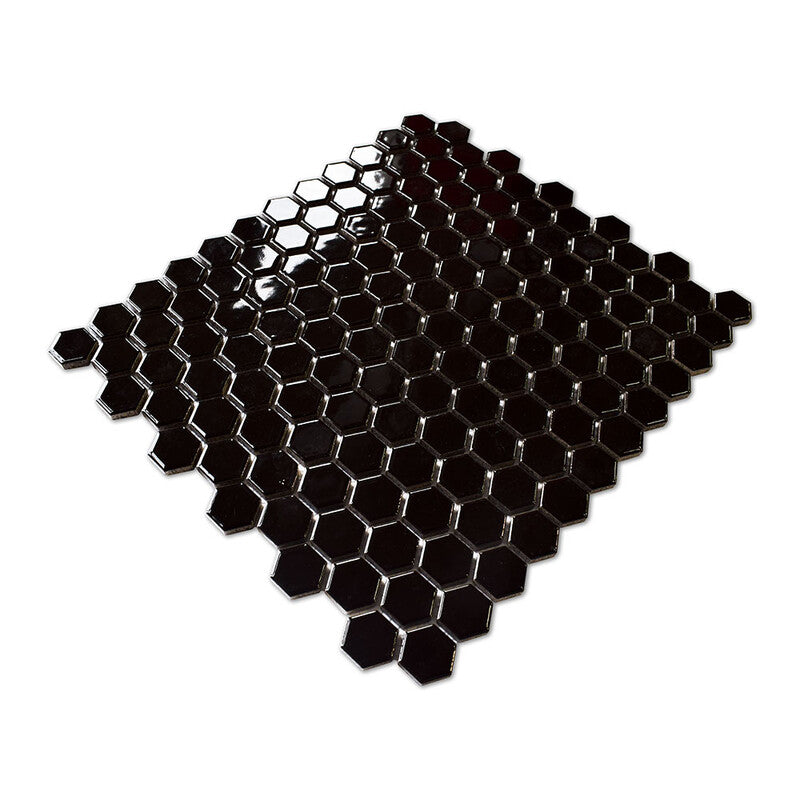 ALPINE PORCELAIN: Black Penny Hexagon Mosaic (glossy | 10"x11"x1/8" | rectified)
