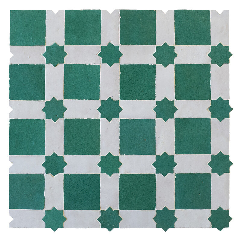 MOROCCAN: Dark Spring Green, White Malak Zellige Mosaic (11"x11"x13/16" | glossy)