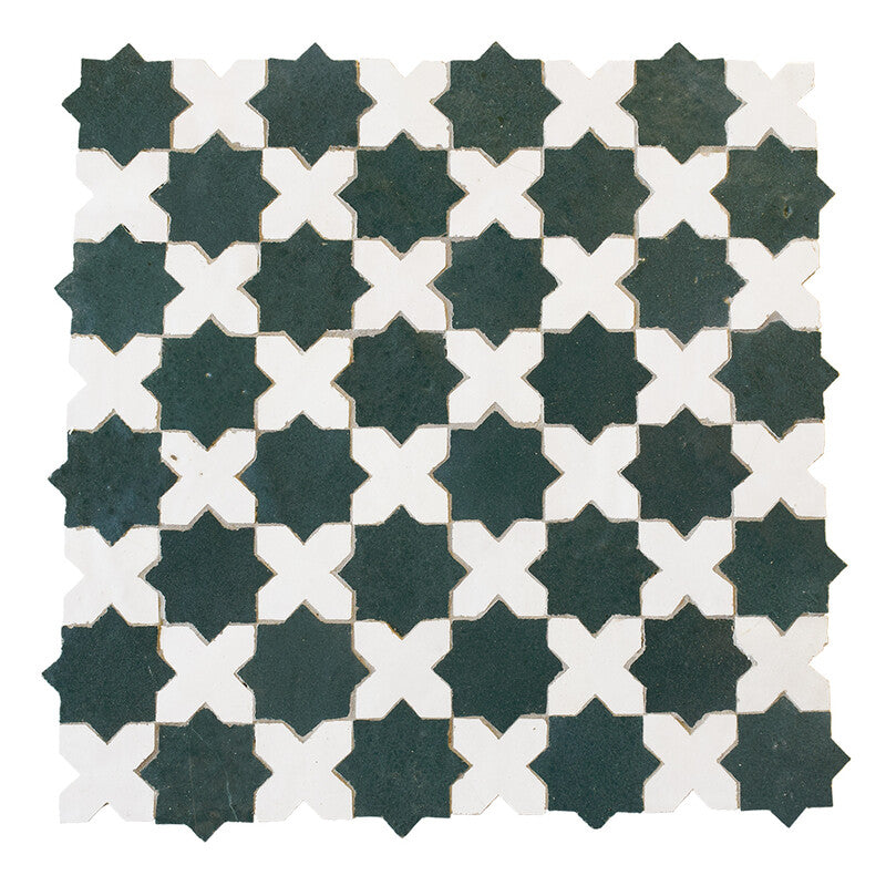 MOROCCAN: Dark Olive Green, White Aphrodite Stars And Crosses Zellige Mosaic (11"x11"x13/16" | glossy)