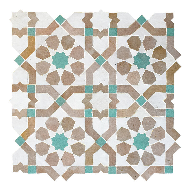 MOROCCAN: Dark Beige, Medium Green, White Jasmine Zellige Mosaic (11"x11"x3/4" | glossy)