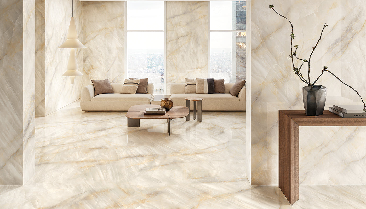 Tele di Marmo Crystal EXTRA IVORY porcelain mosaic tile by Emil, full lappato finish, 12"x12" size. Premium Italian porcelain for floors and walls.