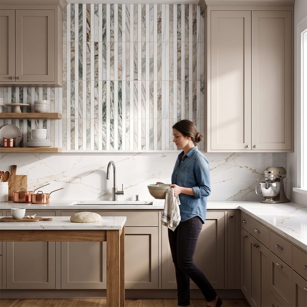 Calacatta Green Honed Marble Snow White, Calacatta Green marble mosaic, top-down product view, 12"×12"×3/8" size. Premium marble for floors and walls.