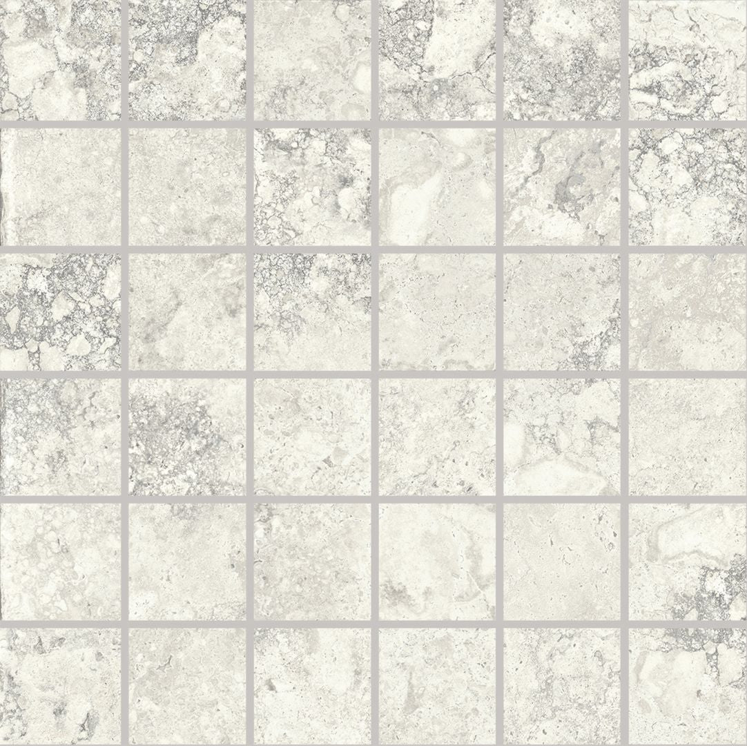 Unique Travertine White porcelain mosaic tile by Emil, 11 13/16"x11 13/16"x9.5-mm size. Premium Italian porcelain for floors and walls.