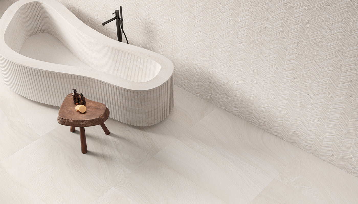 Varana Stone White porcelain field tile by Emil, silktech plus finish, 23 5/8"x47 1/4"x9-mm size. Premium Italian porcelain for floors and walls.