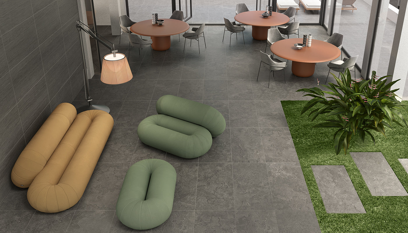 Portland Stone ANTHRACITE porcelain mosaic tile by Emil, naturale finish, 8"x12" size. Premium Italian porcelain for floors and walls.