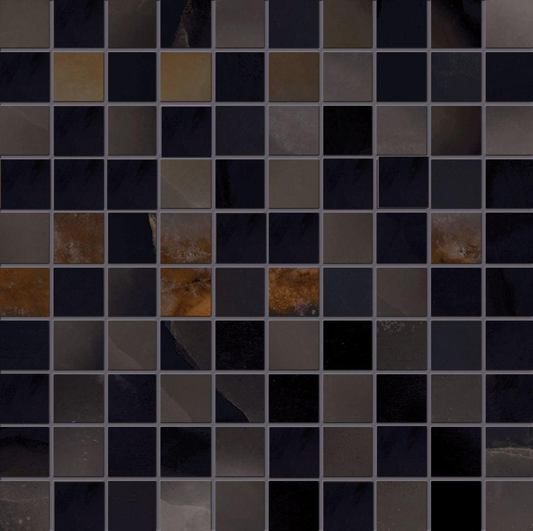 Tele di Marmo Onyx ONYX BLACK porcelain mosaic tile by Emil, full lappato finish, 12"x12" size. Premium Italian porcelain for floors and walls.