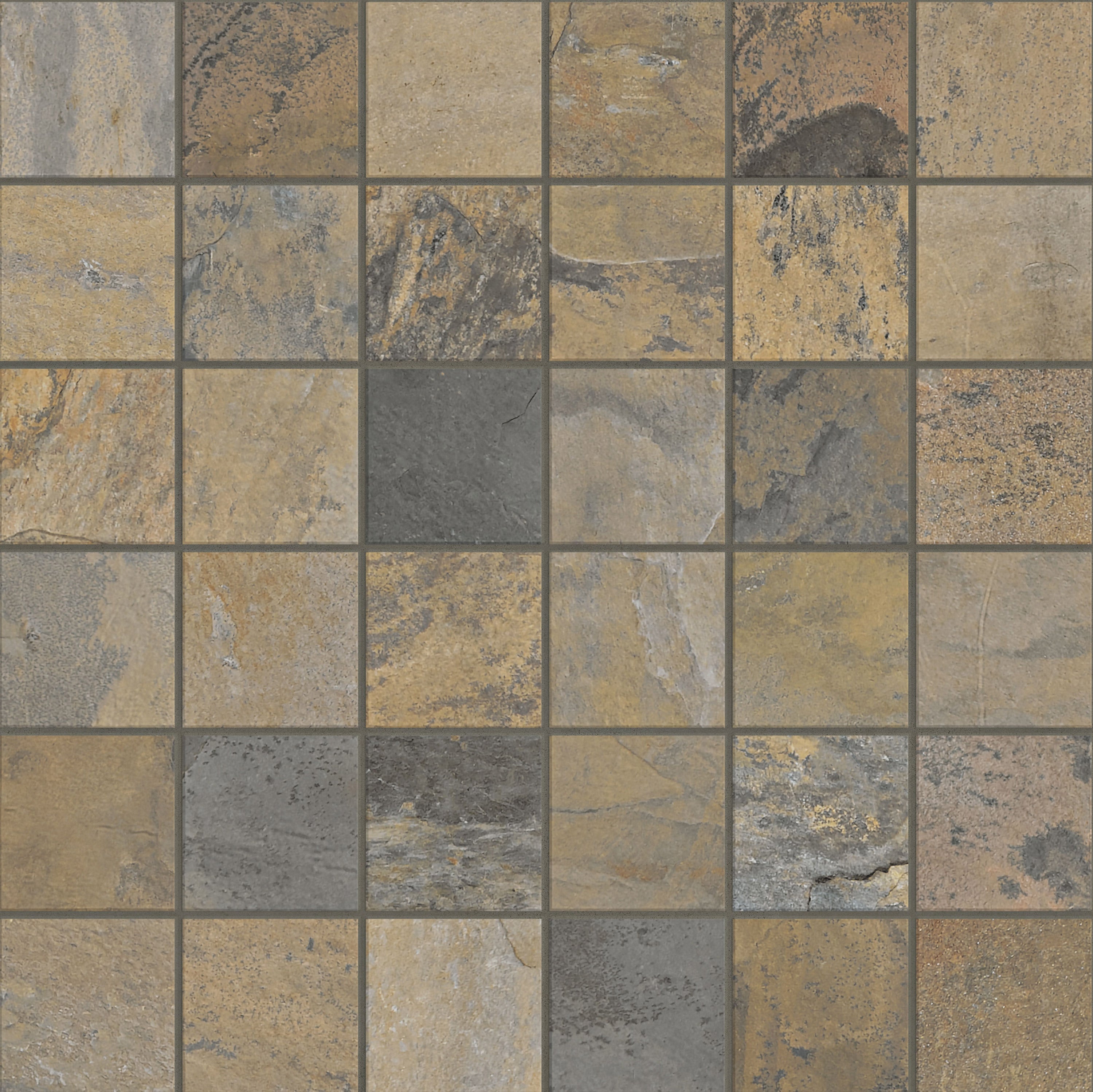 Essence Rustic Gold porcelain mosaic, top-down product view, 12"×12"×11/32" size. Premium porcelain for floors and walls.