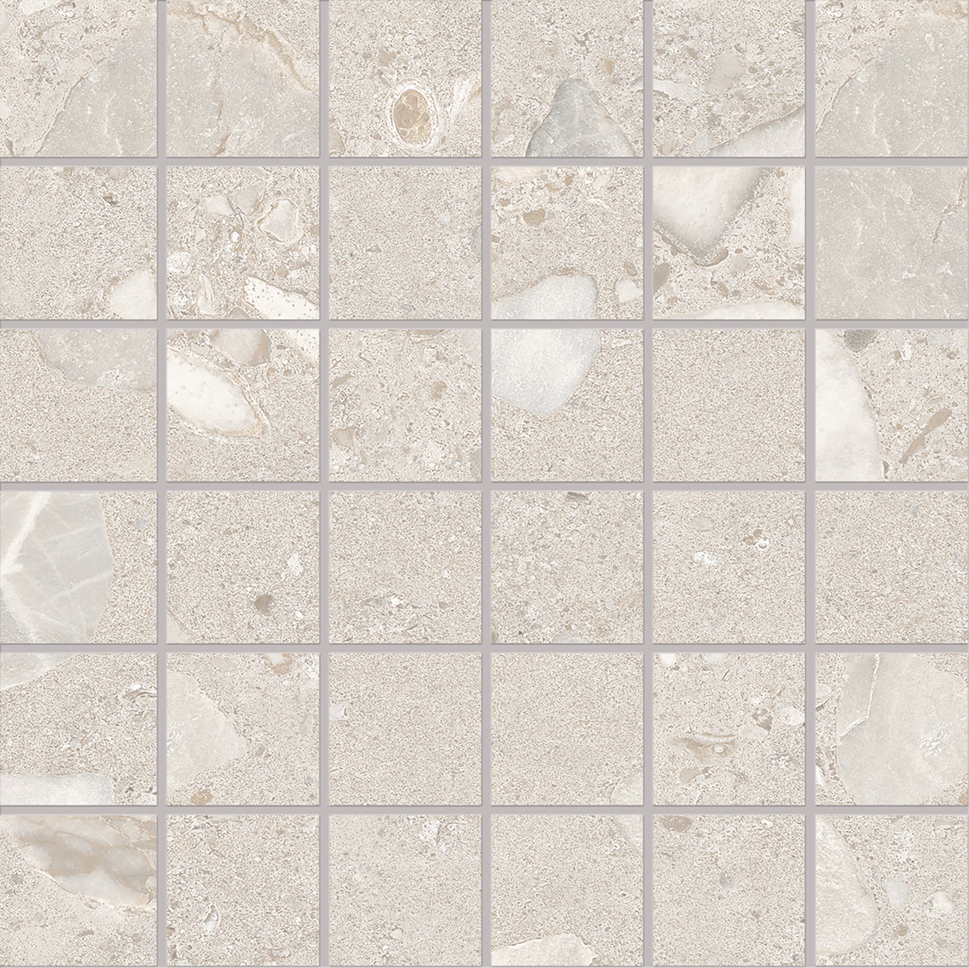 GemmaStone Greige porcelain mosaic tile by Emil, silktech finish, 11 13/16"x11 13/16"x9-mm size. Premium Italian porcelain for floors and walls.