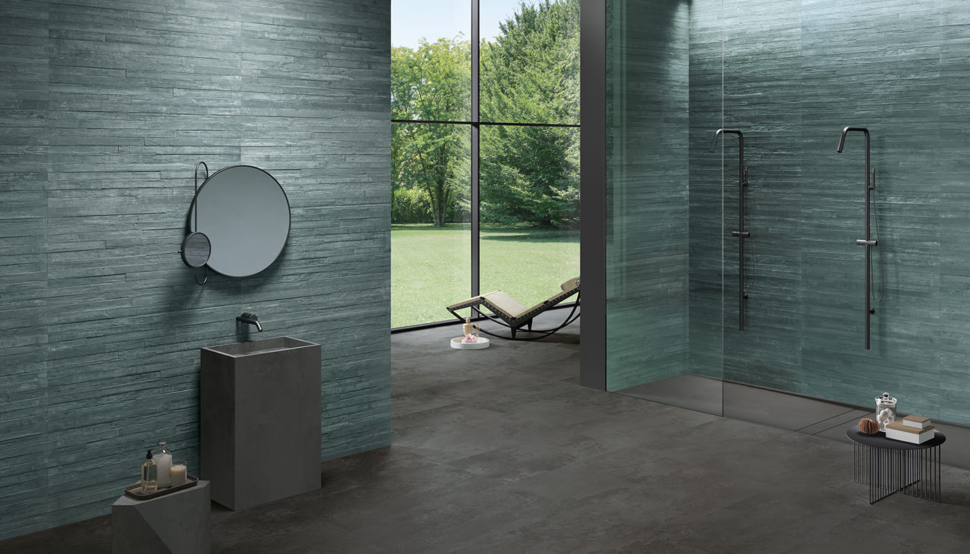 Re-Play Concrete Anthracite porcelain field tile by Emil, tecnica finish, 23 5/8"x47 1/4"x9.5-mm size. Premium Italian porcelain for floors and walls.