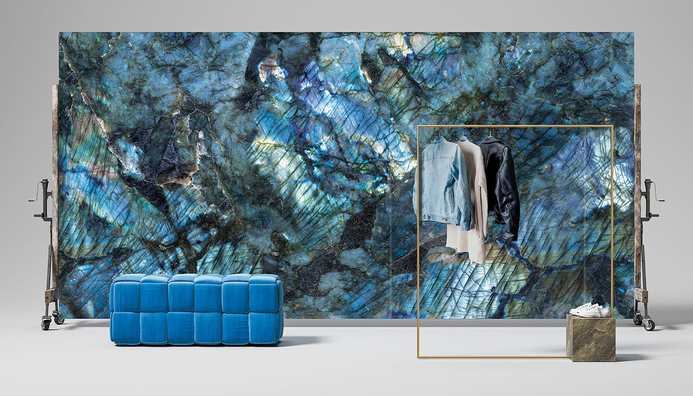 Level Marmi Labradorite porcelain field tile by Emil, lappato matt finish, 63 25/32"x127 9/16"x12-mm size. Premium Italian porcelain for floors and walls.