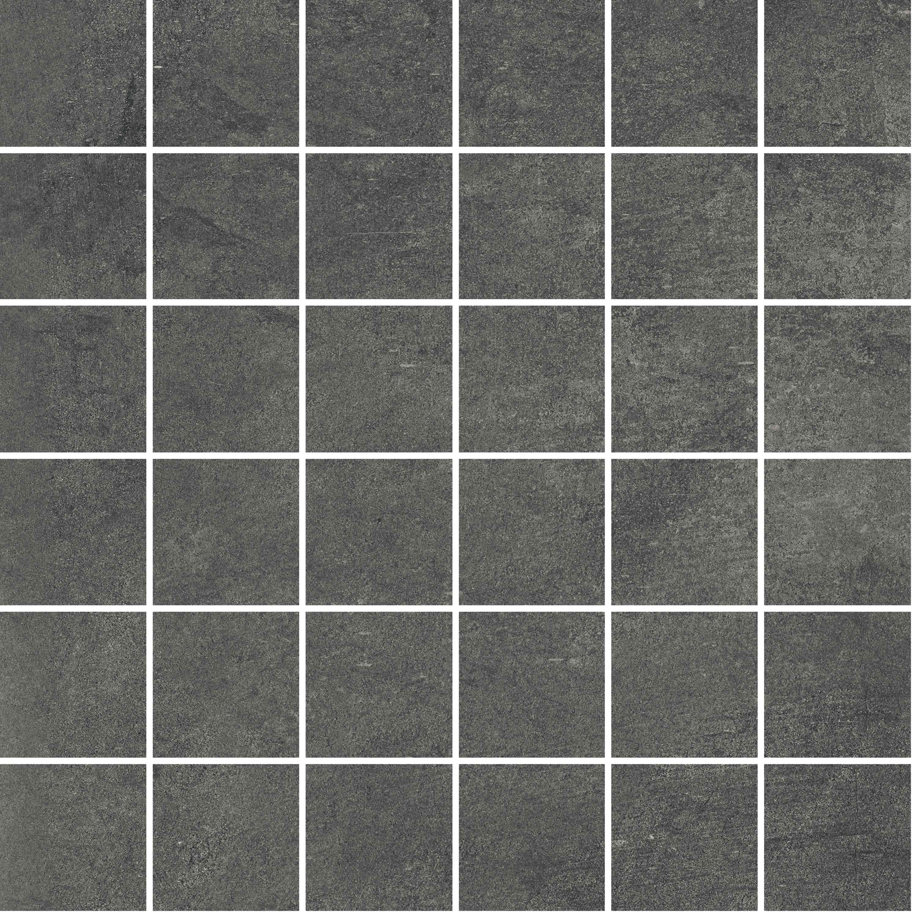 ATTITUDE Dark Grey porcelain mosaic, top-down product view, 12"×12"×11/32" size. Premium porcelain for floors and walls.