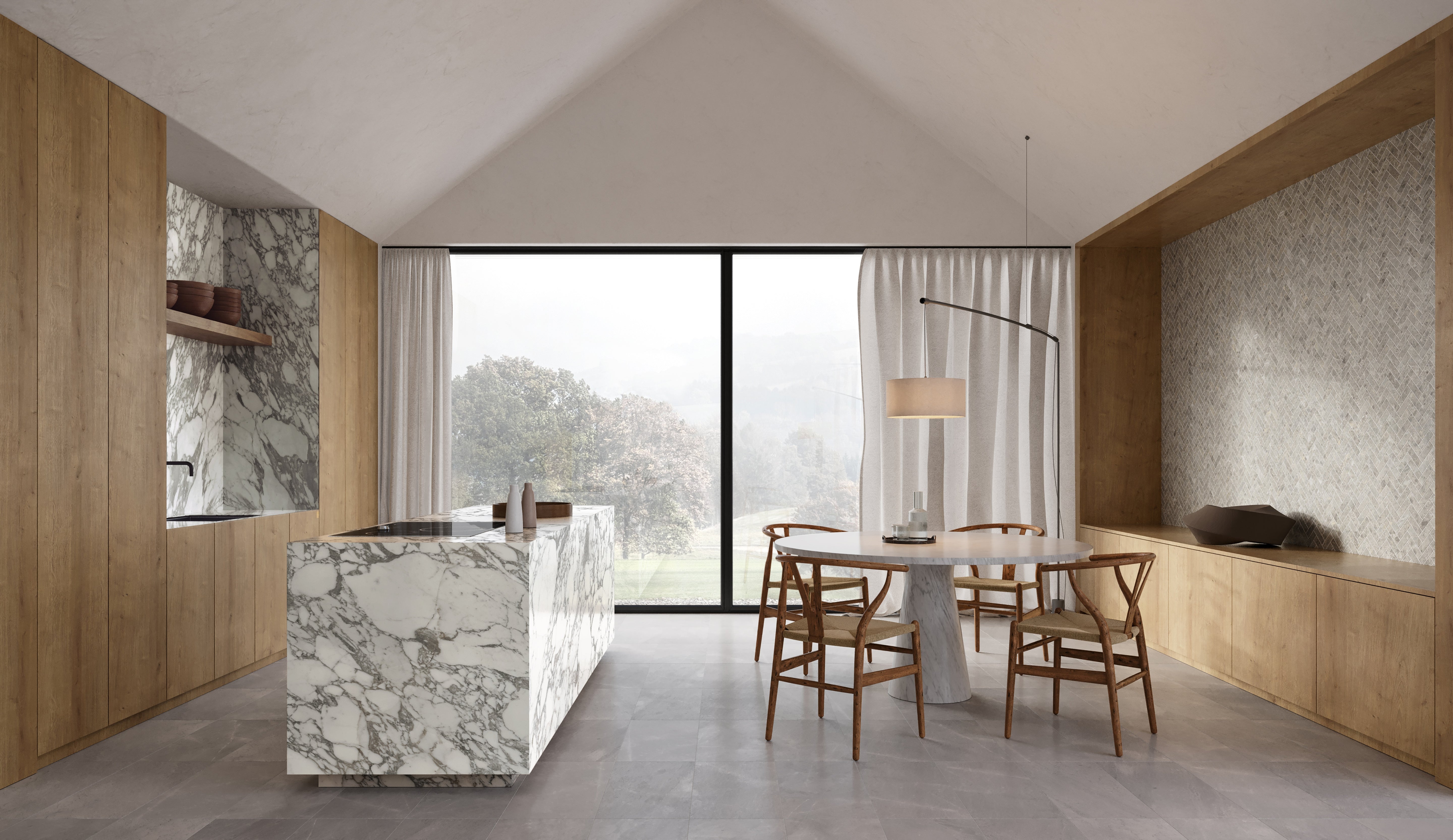 Arabescato Corchia slabs by Anatolia Aeterna, lifestyle installation view 1, 63"×125 31/32" size. Premium porcelain for floors and walls.