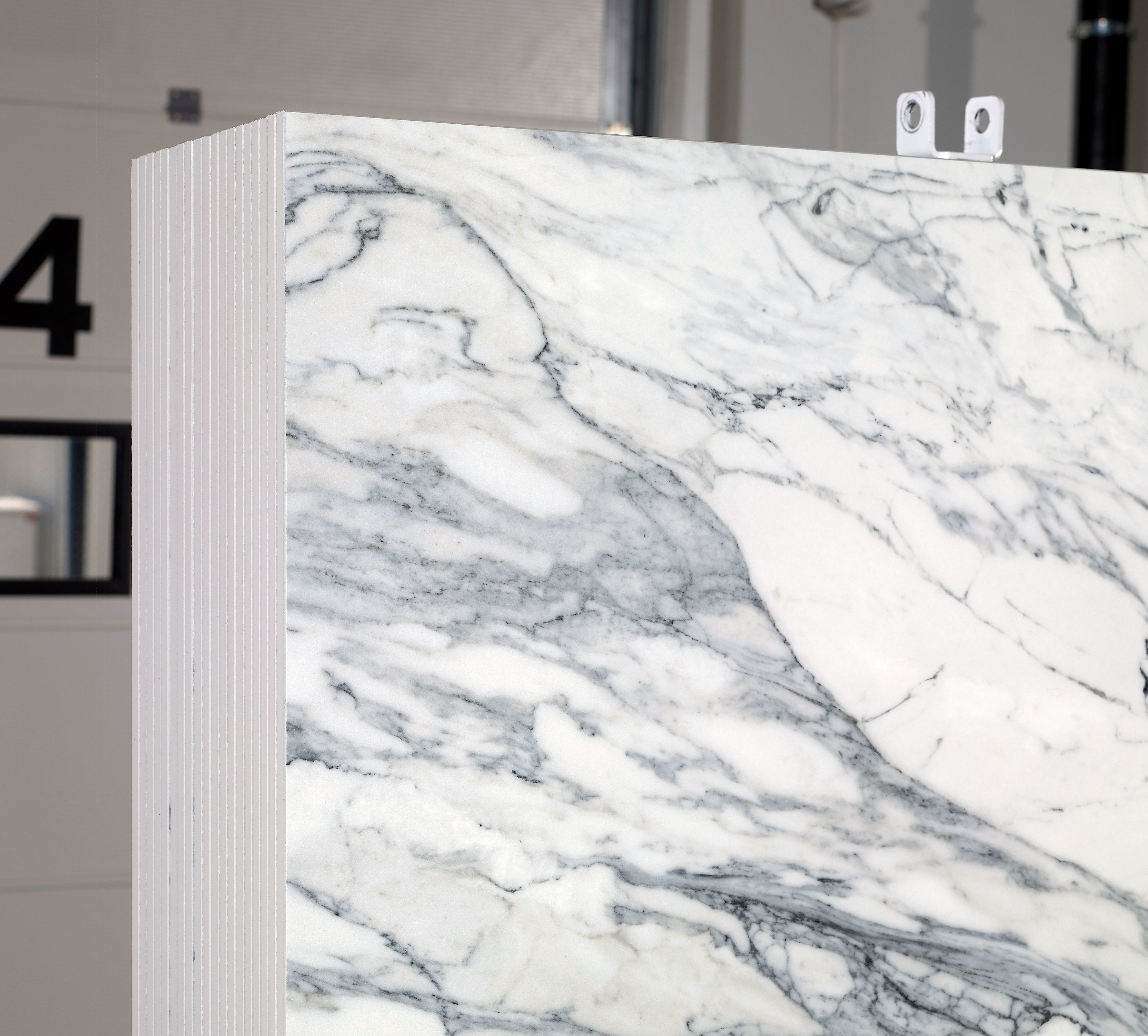 Majesto Calacatta Corchia sintered stone slabs by Anatolia, top-down product view, 64"×127"×15/32" size. Turkish sintered stone for floors and walls.