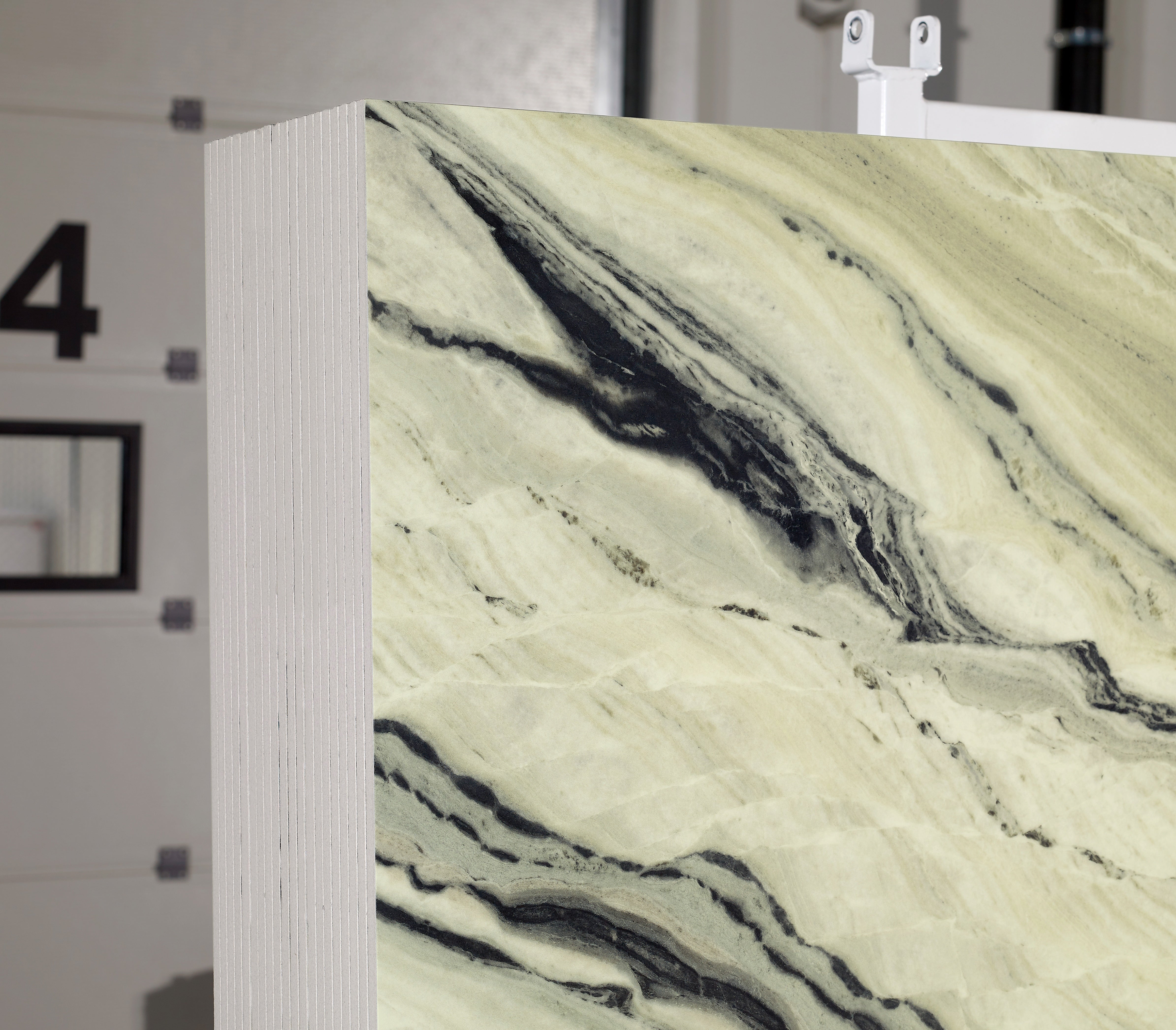 Majesto Montagna Jade sintered stone slabs by Anatolia, top-down product view, 64"×127"×15/32" size. Turkish sintered stone for floors and walls.