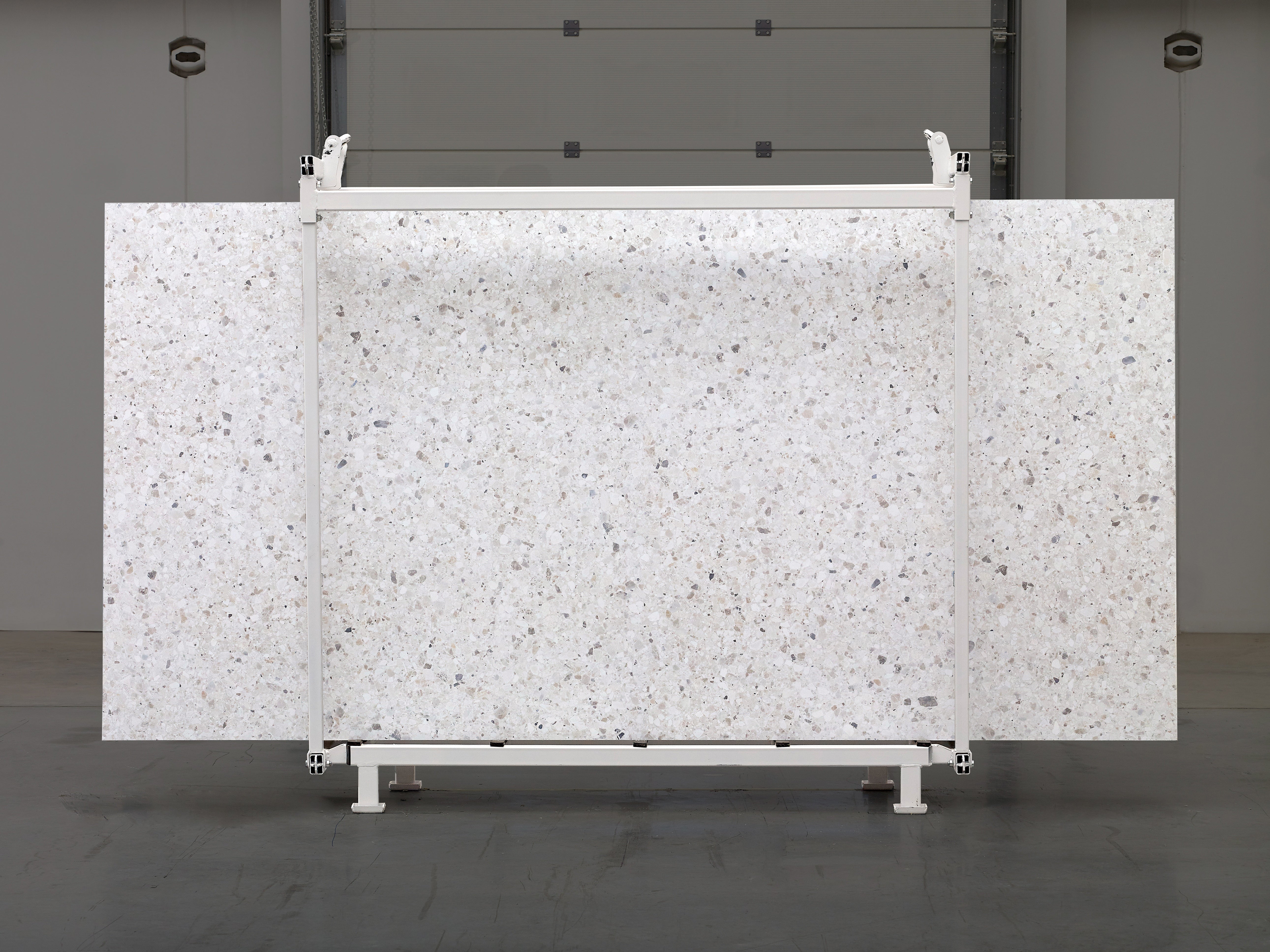 Majesto Terrazzo Delicato sintered stone slabs by Anatolia, top-down product view, 64"×127"×15/32" size. Turkish sintered stone for floors and walls.