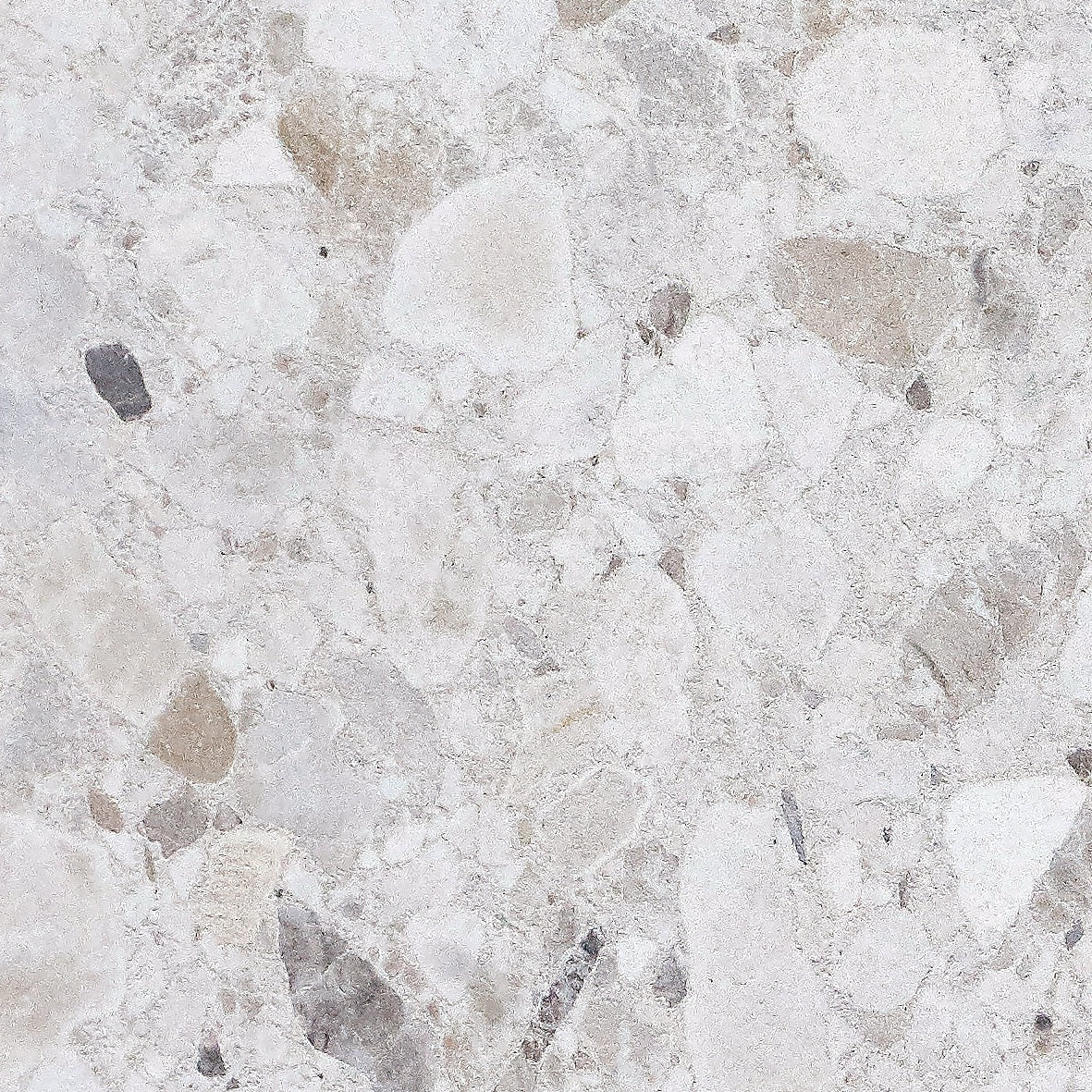 Majesto Terrazzo Delicato sintered stone slabs by Anatolia, top-down product view, 64"×127"×15/32" size. Turkish sintered stone for floors and walls.