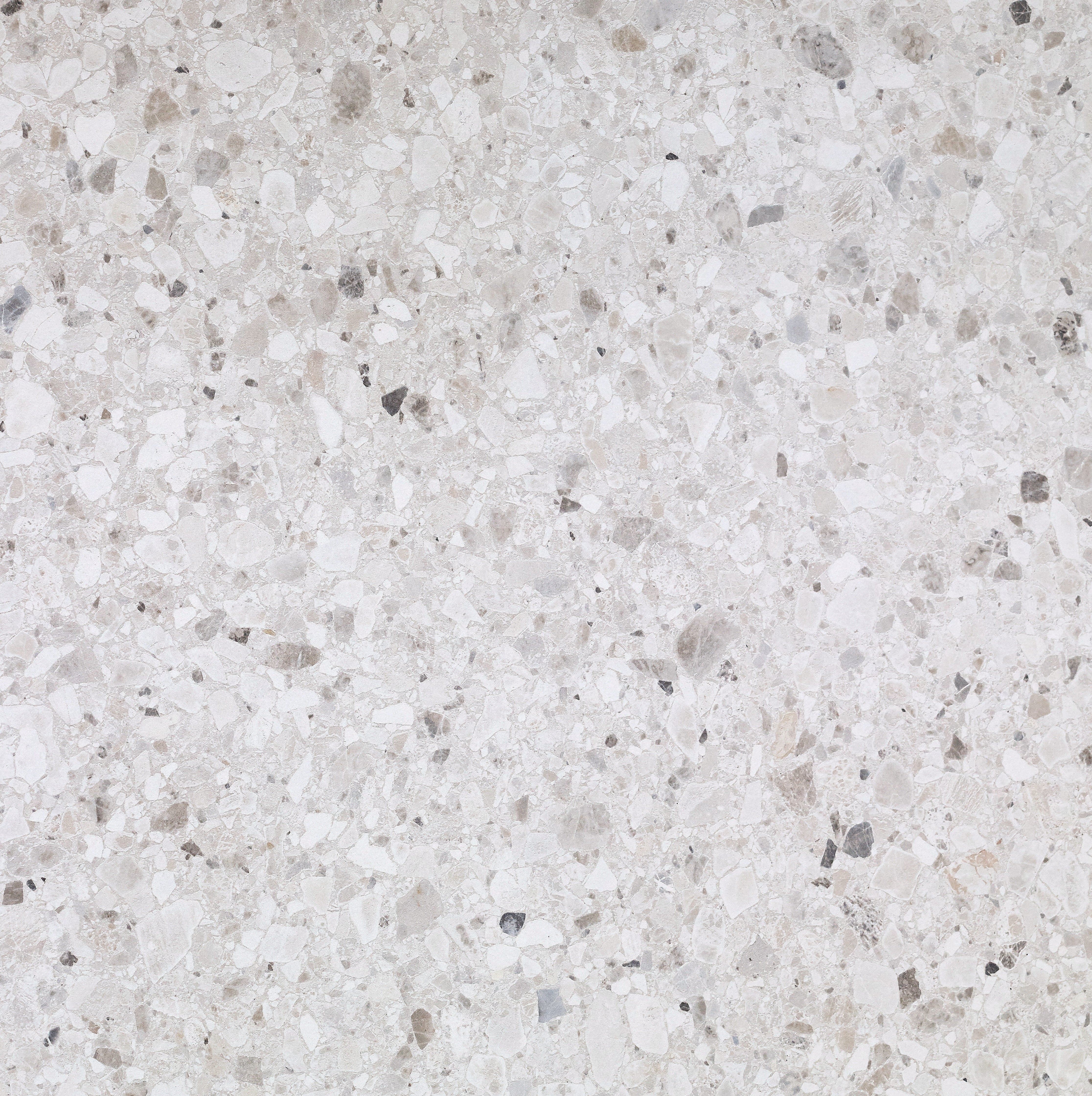 Majesto Terrazzo Delicato sintered stone slabs by Anatolia, top-down product view, 64"×127"×15/32" size. Turkish sintered stone for floors and walls.