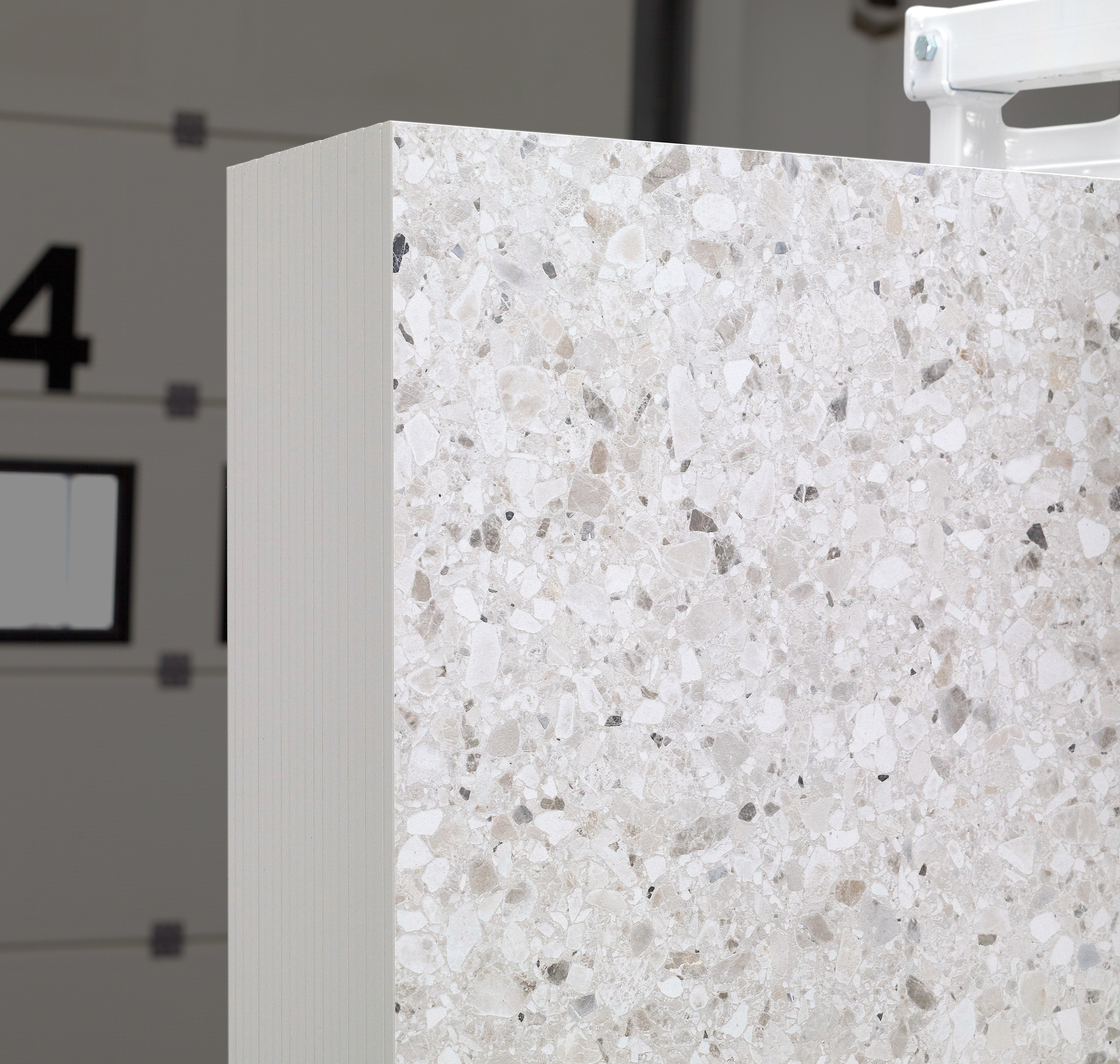 Majesto Terrazzo Delicato sintered stone slabs by Anatolia, top-down product view, 64"×127"×15/32" size. Turkish sintered stone for floors and walls.