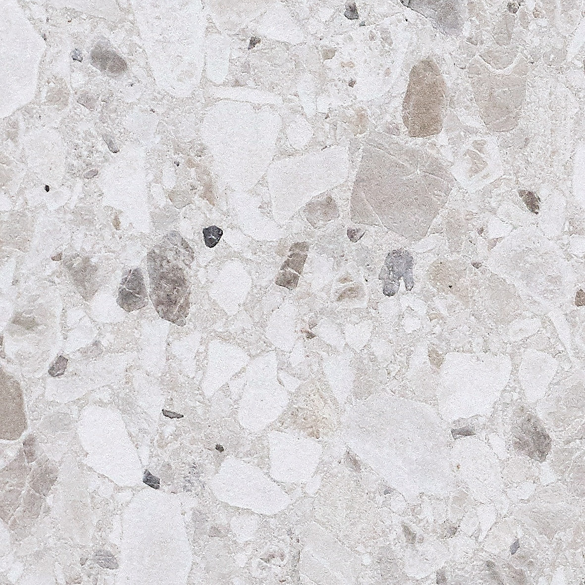 Majesto Terrazzo Delicato sintered stone slabs by Anatolia, top-down product view, 64"×127"×15/32" size. Turkish sintered stone for floors and walls.