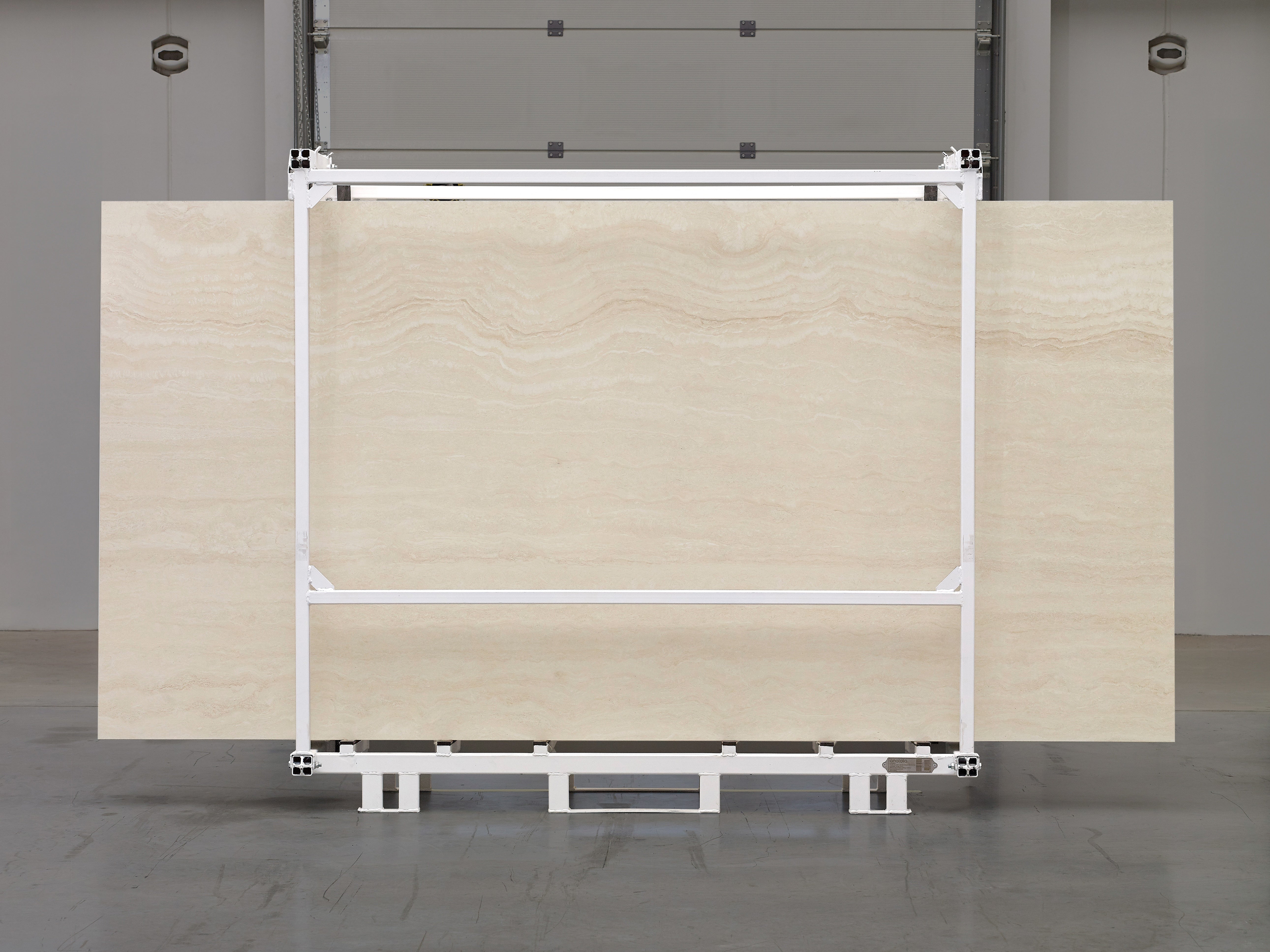 Majesto Travertino Classico sintered stone slabs by Anatolia, top-down product view, 64"×127"×15/32" size. Turkish sintered stone for floors and walls.