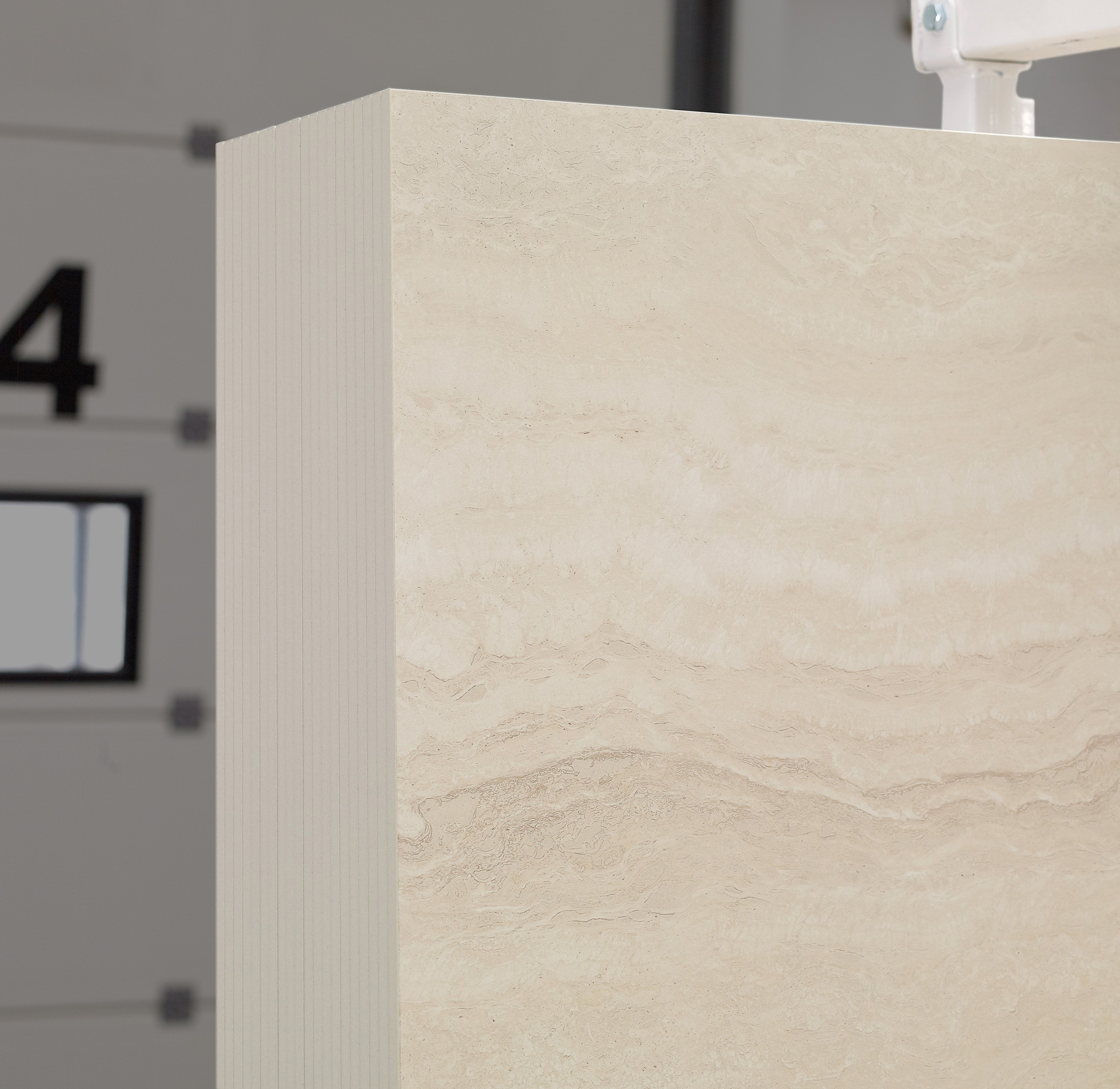 Majesto Travertino Classico sintered stone slabs by Anatolia, top-down product view, 64"×127"×15/32" size. Turkish sintered stone for floors and walls.