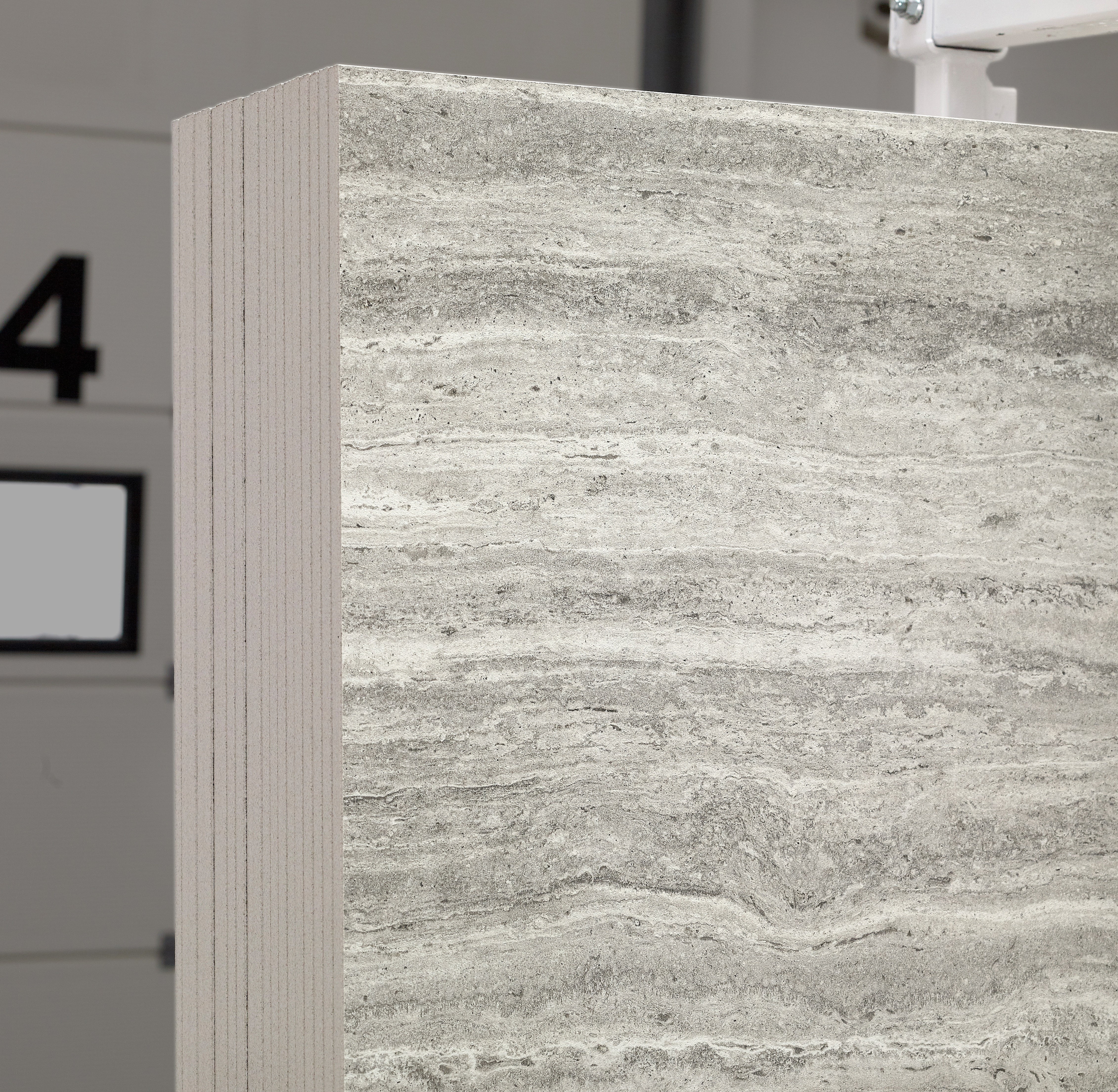 Majesto Travertino Titanium sintered stone slabs by Anatolia, top-down product view, 64"×127"×15/32" size. Turkish sintered stone for floors and walls.