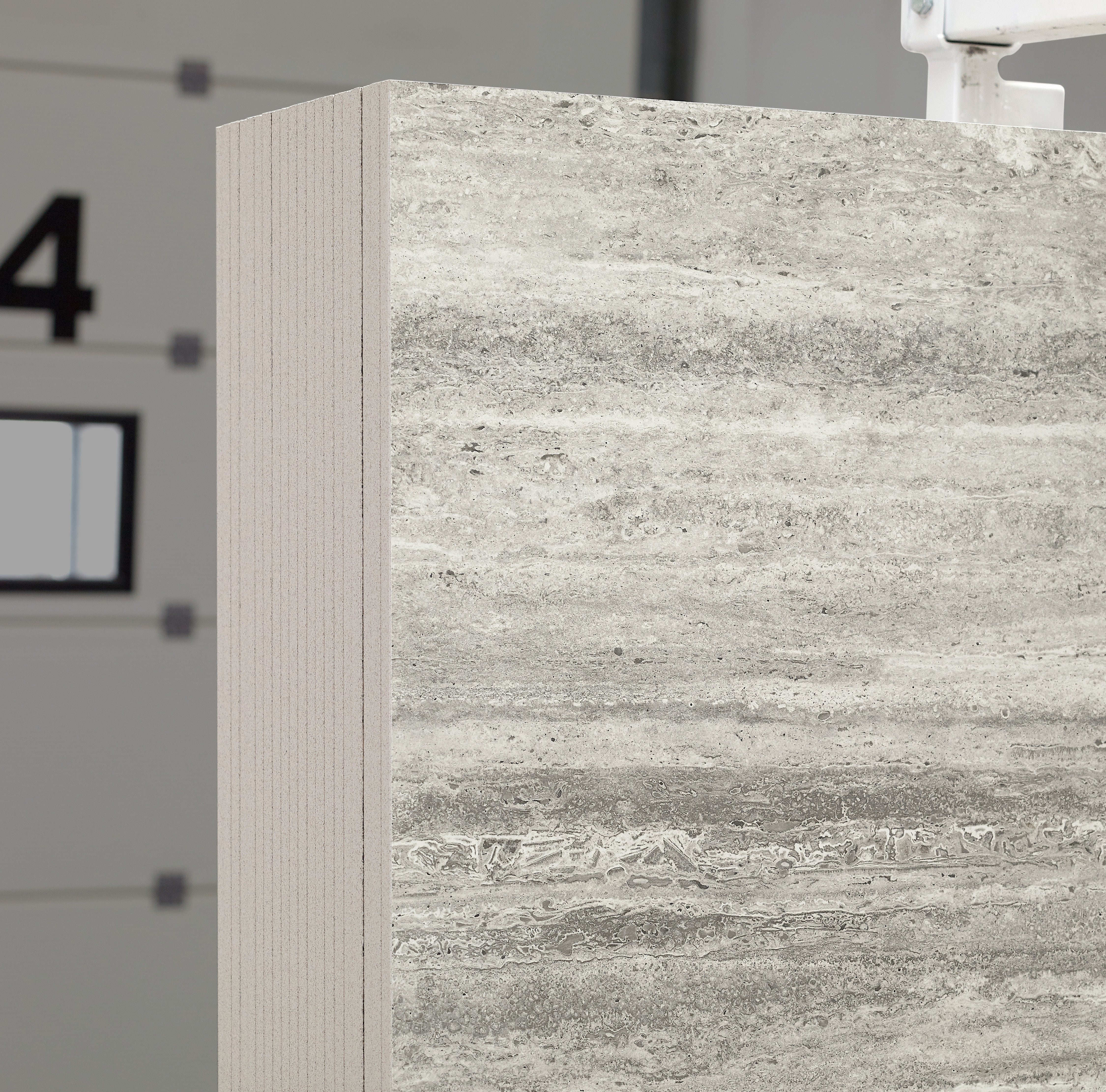 Majesto Travertino Titanium sintered stone slabs by Anatolia, top-down product view, 64"×127"×15/32" size. Turkish sintered stone for floors and walls.