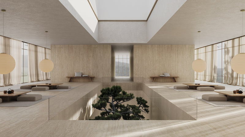 Aeterna Travertino Classico honed tile in a room setting — available at Surface Group lifestyle image