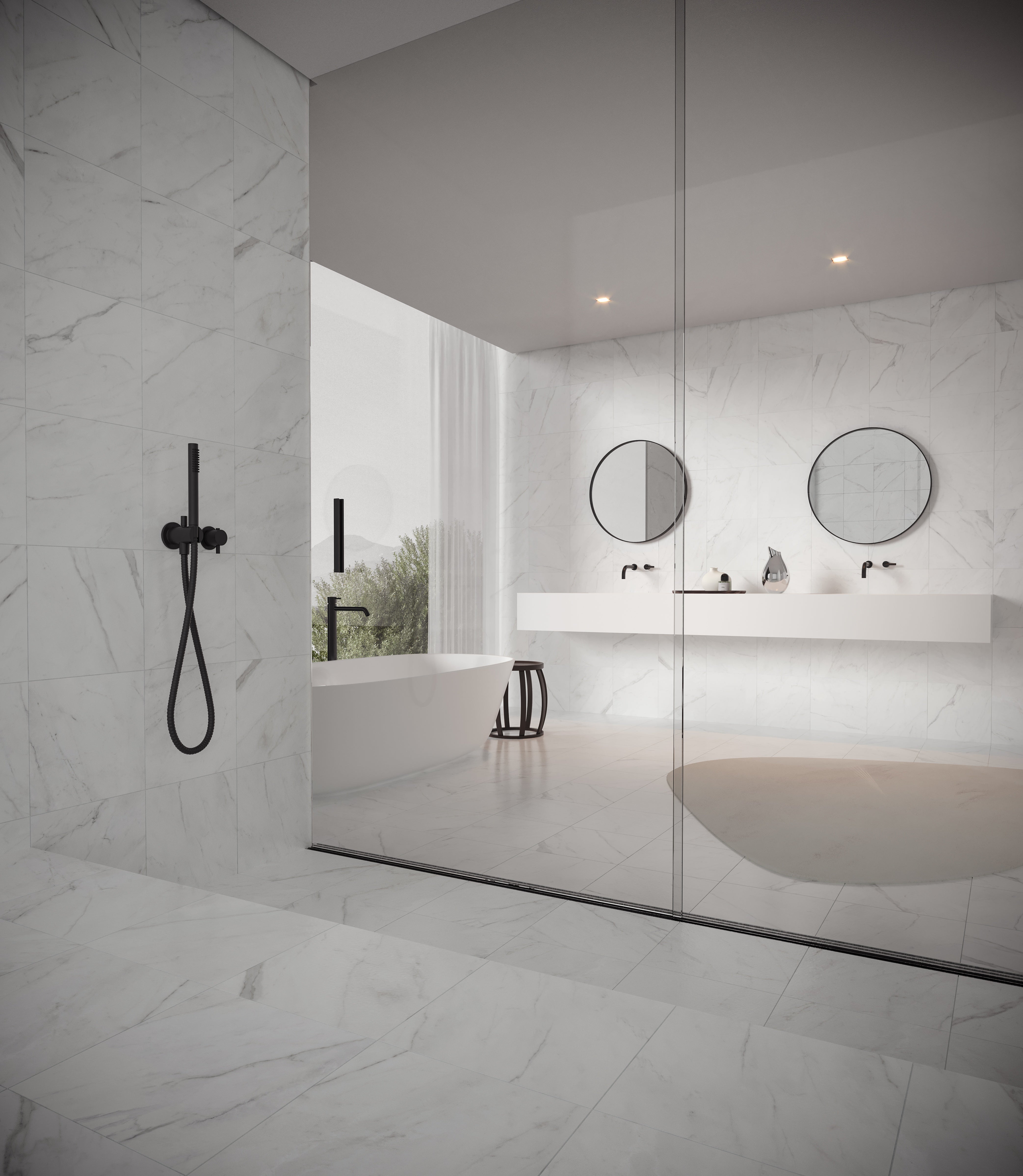 Altezza Carrara porcelain trim by Anatolia, top-down product view, 3"×12"×11/32" size. Turkish porcelain for floors and walls.