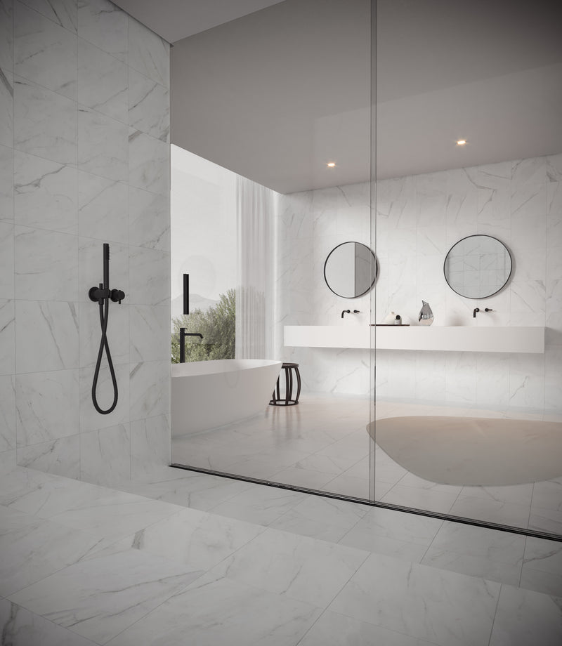 Anatolia Altezza Carrara matte porcelain tile in a room setting — available at Surface Group lifestyle image