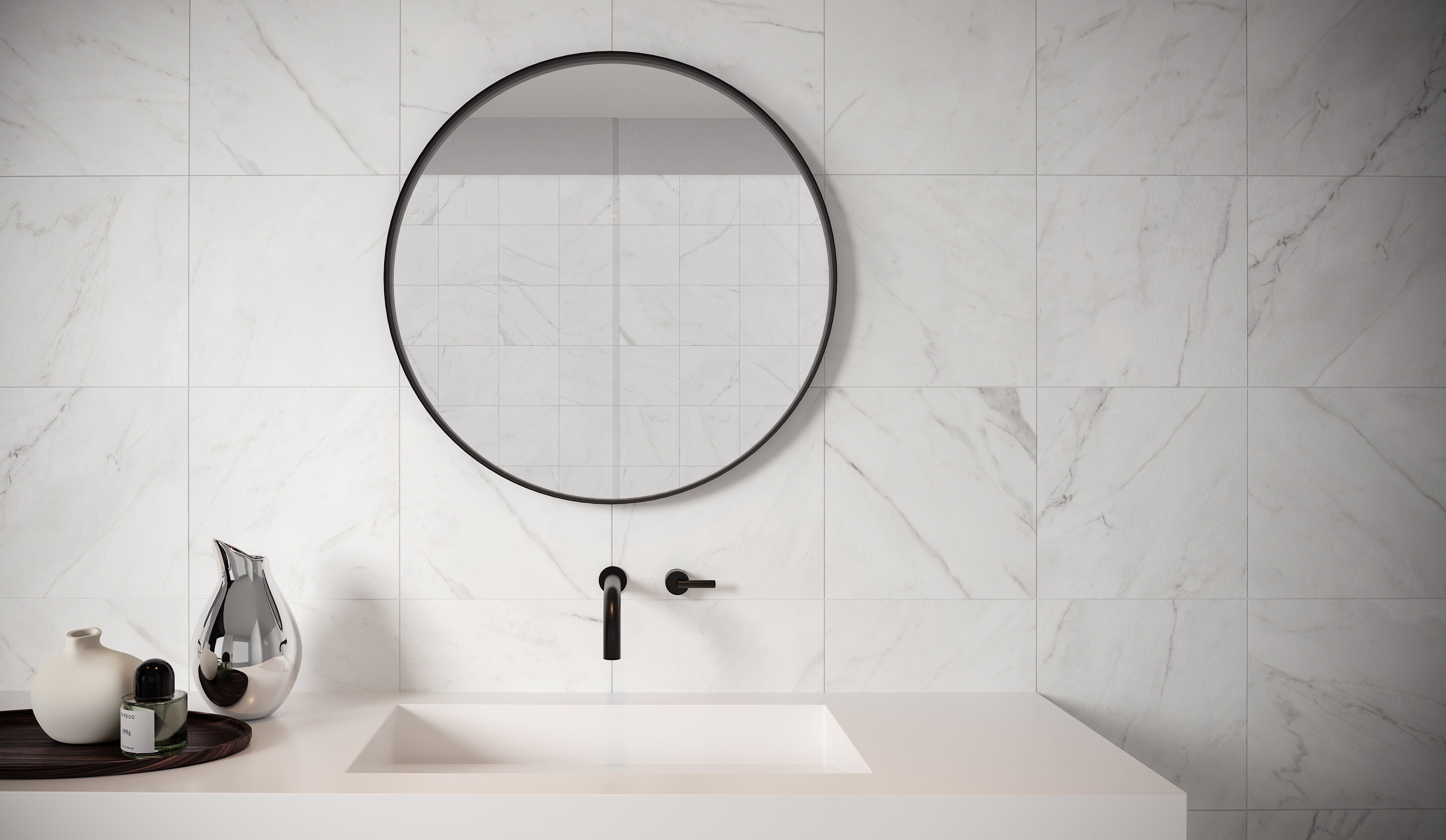 Altezza Carrara porcelain trim by Anatolia, top-down product view, 3"×12"×11/32" size. Turkish porcelain for floors and walls.