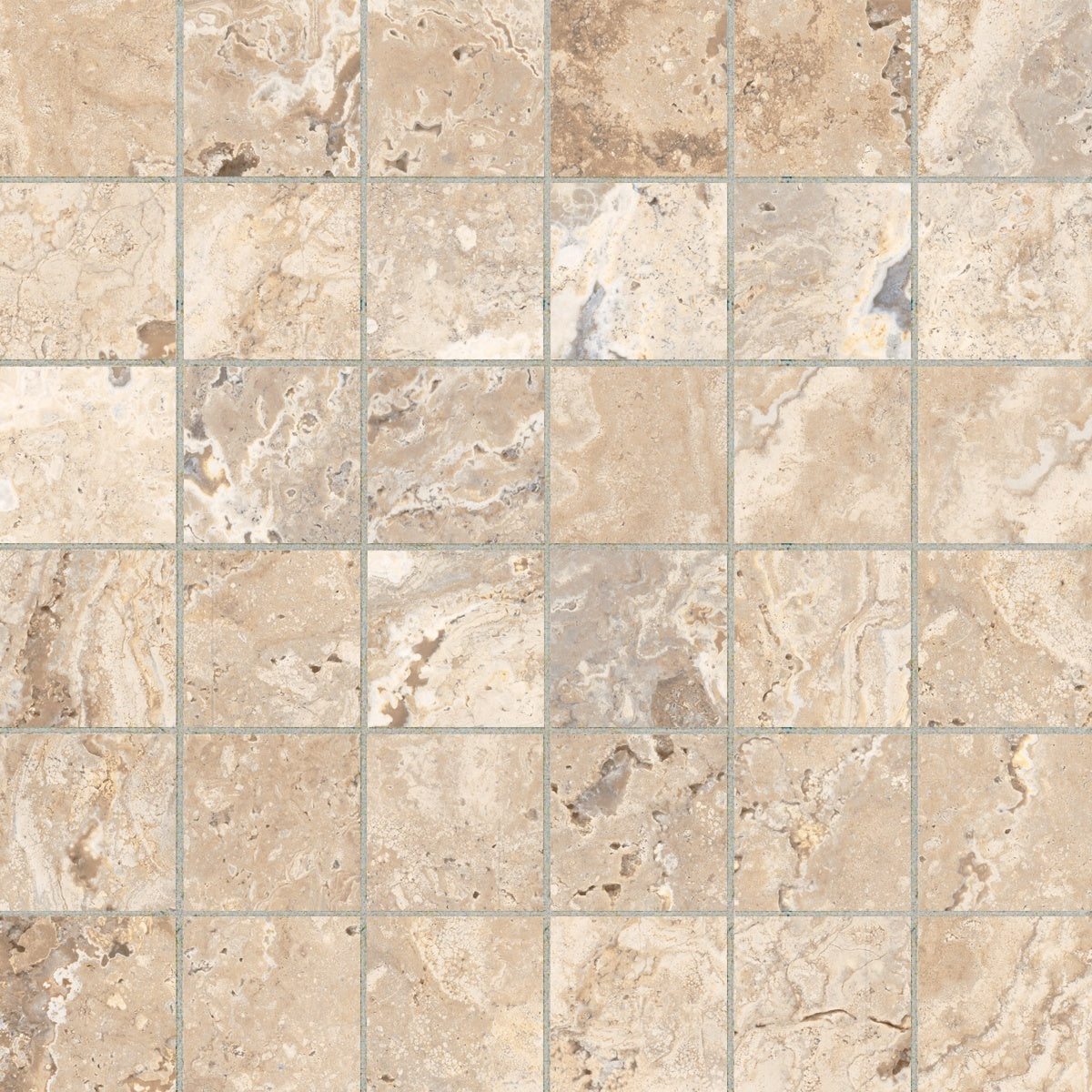 Antico Ivory porcelain mosaic by Anatolia, top-down product view, 11 25/32"×11 25/32"×5/16" size. Turkish porcelain for floors and walls.