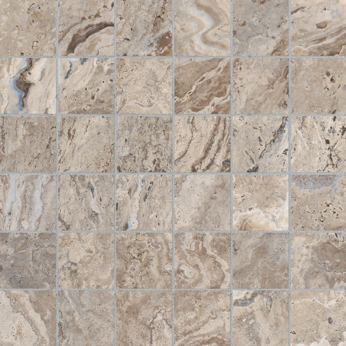 Antico Walnut porcelain mosaic by Anatolia, top-down product view, 11 25/32"×11 25/32"×5/16" size. Turkish porcelain for floors and walls.
