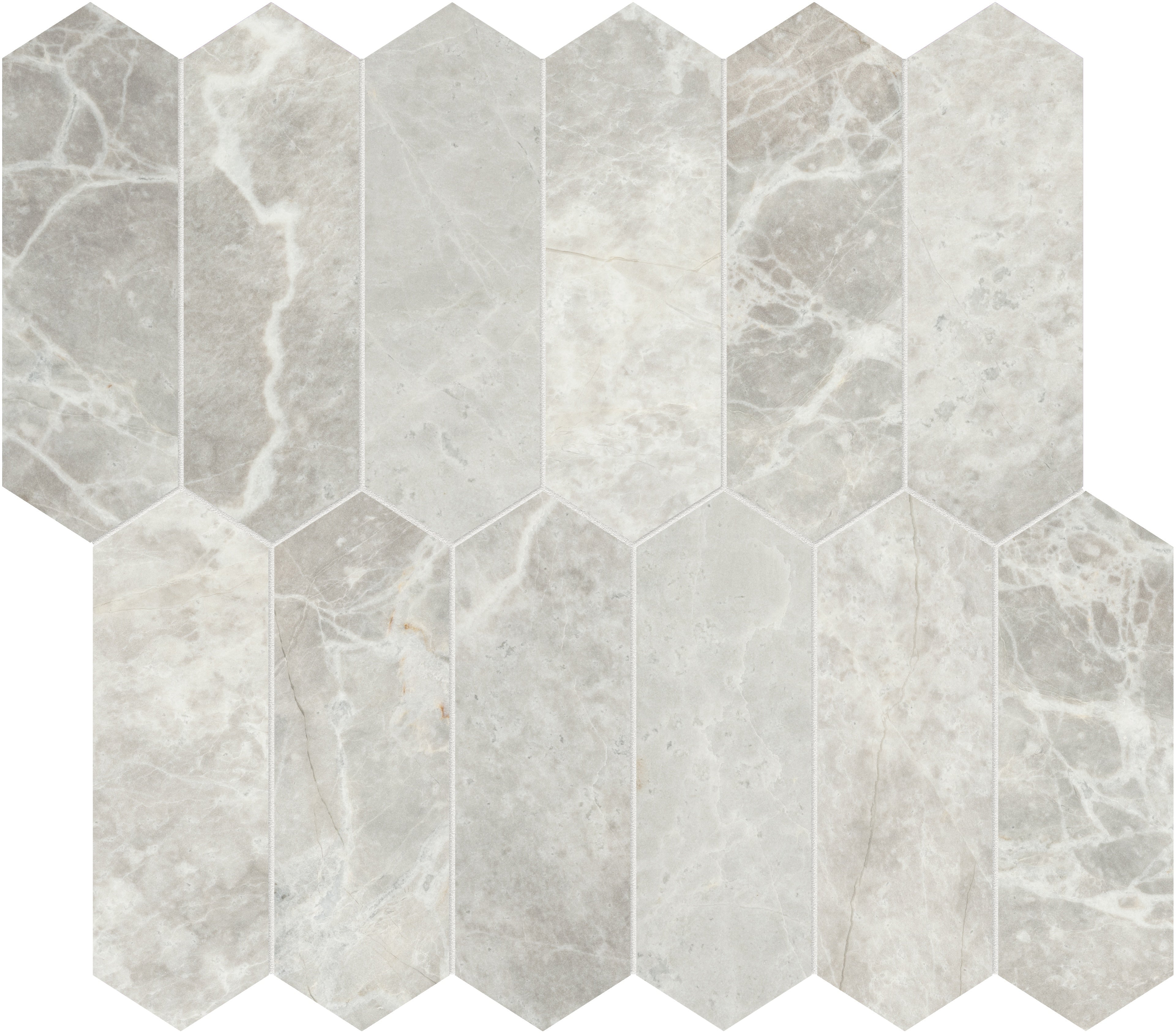 Apollo Argento marble mosaic by Anatolia, top-down product view, 10 5/8"×11 13/16"×3/8" size. Turkish marble for floors and walls.