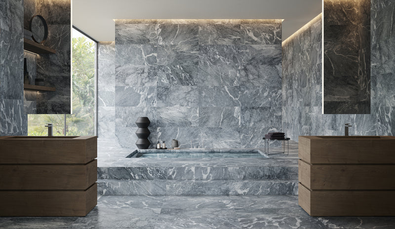 Anatolia Aqua Intenso brushed marble tile in a room setting — available at Surface Group lifestyle image