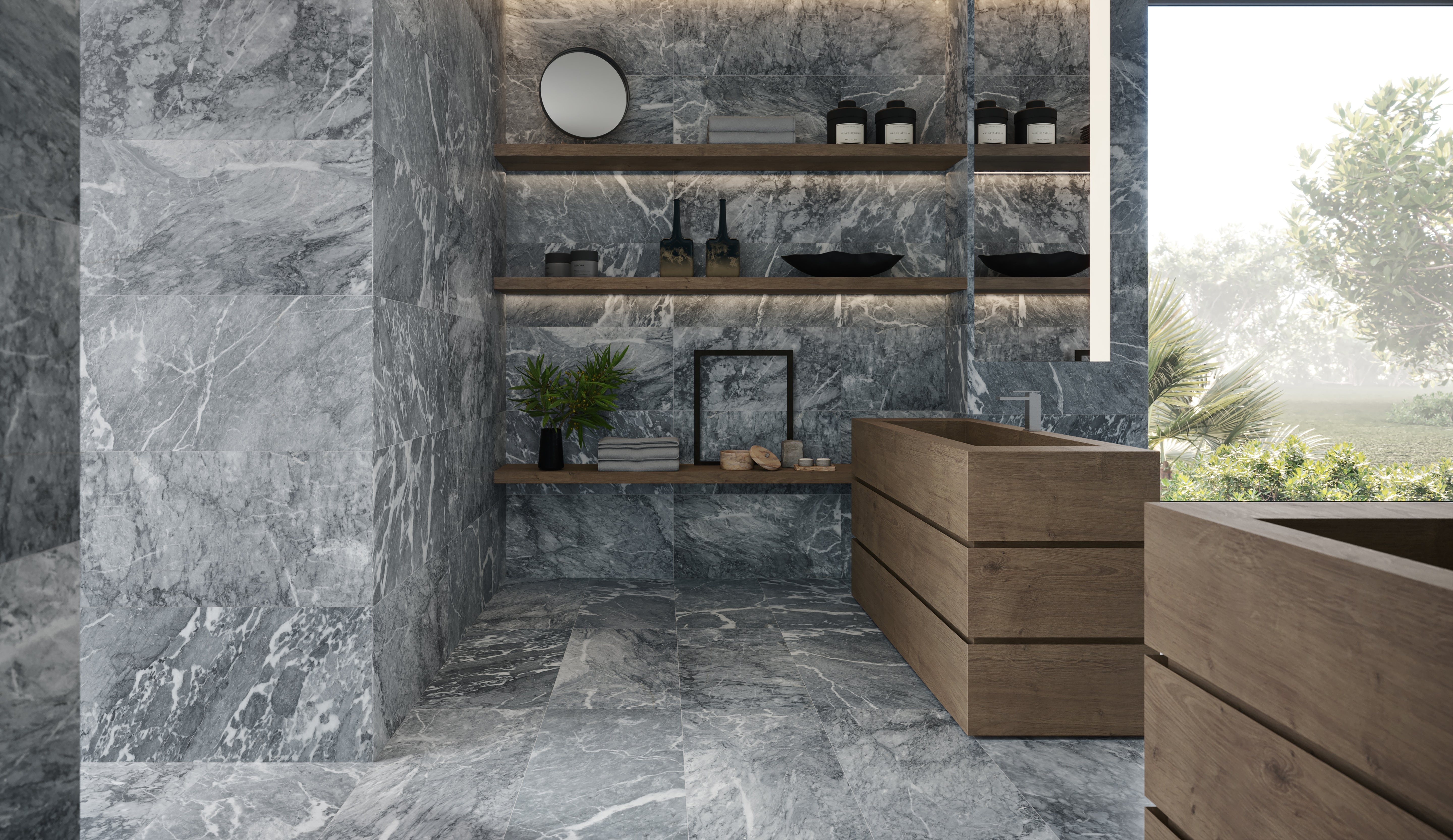 Aqua Intenso field tile by Anatolia Tile, lifestyle installation view 2, 18"×36" size. Premium porcelain for floors and walls.