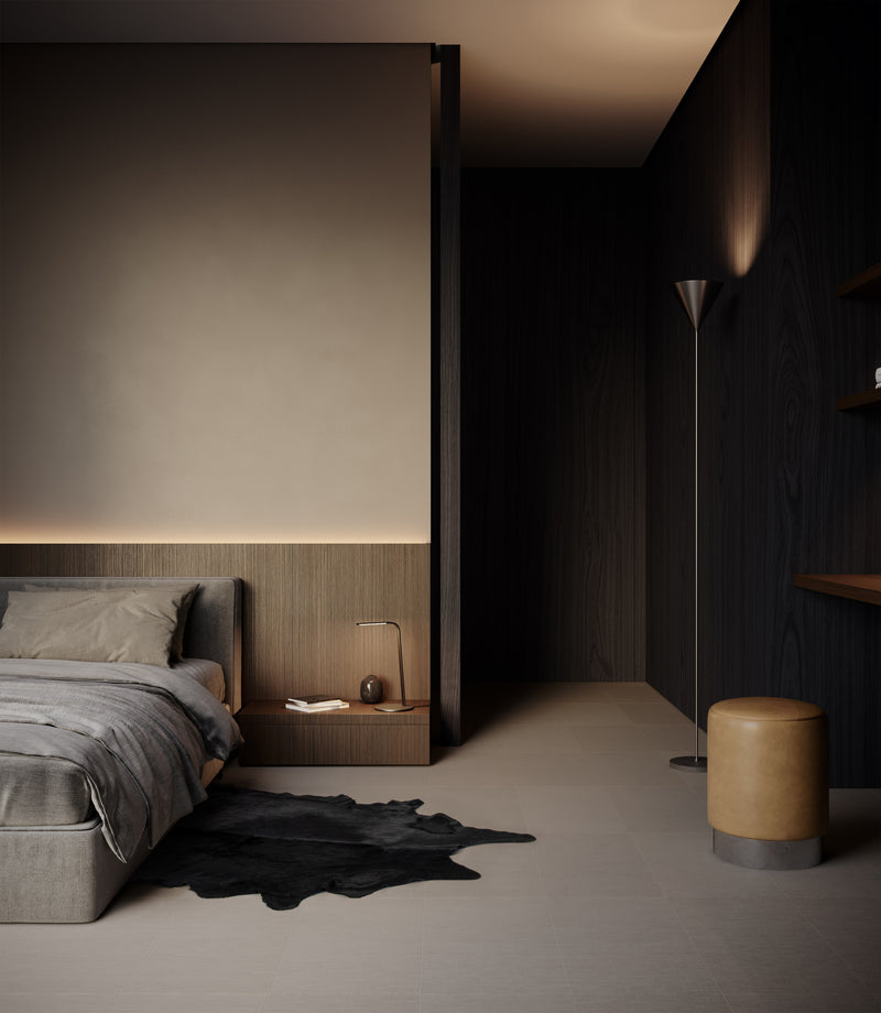 Anatolia Belgian Linen Fog matte porcelain tile in a room setting — available at Surface Group lifestyle image