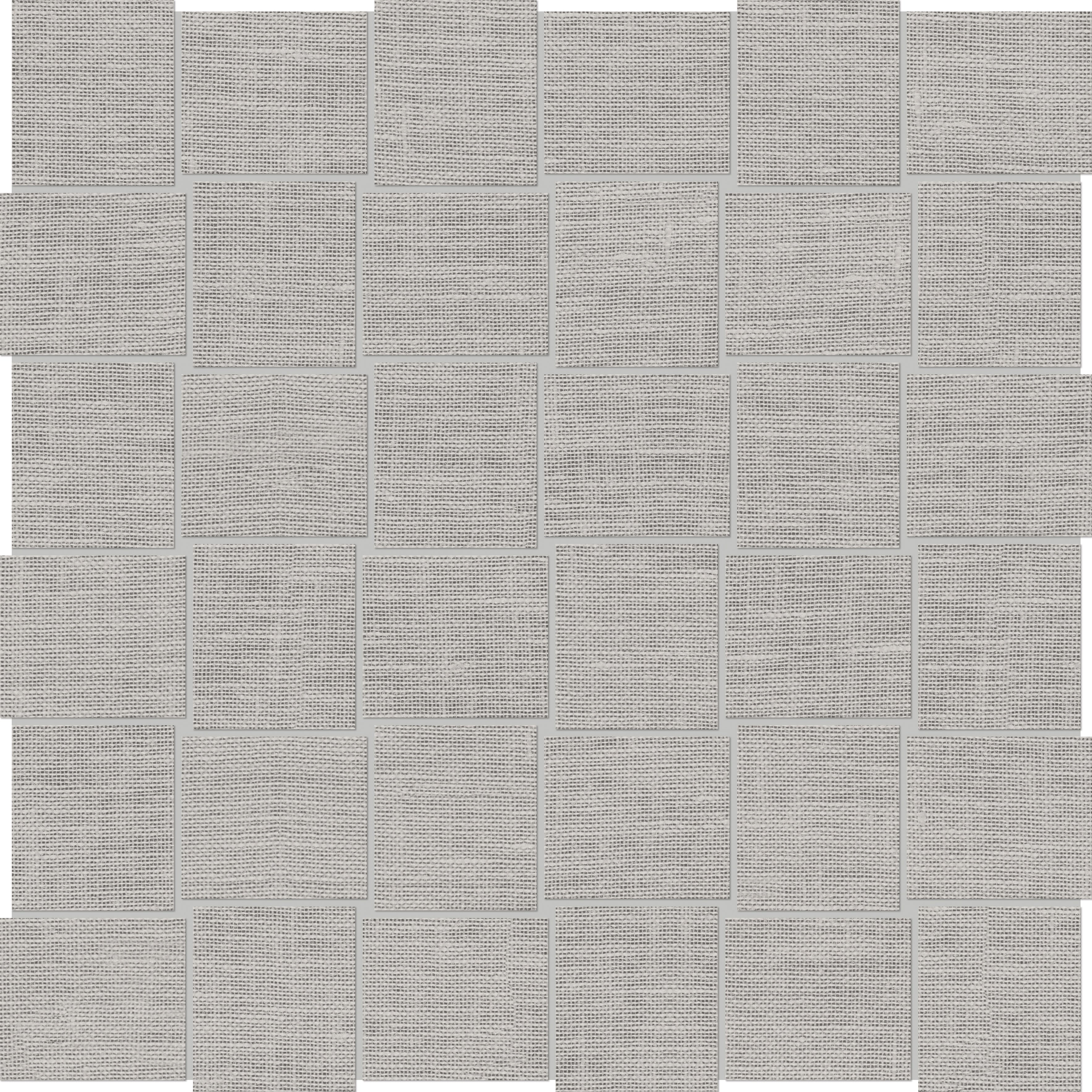 Belgian Linen Fog porcelain mosaic by Anatolia, top-down product view, 11 23/32"×11 23/32"×11/32" size. Malaysian porcelain for floors and walls.