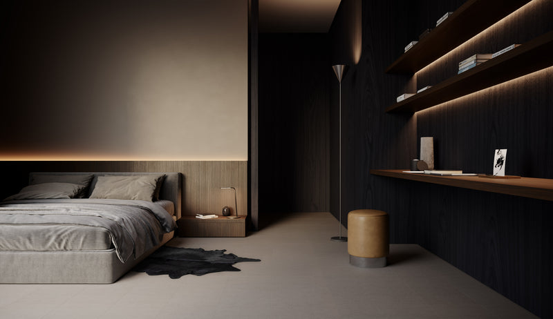 Anatolia Belgian Linen Fog matte porcelain tile in a room setting — available at Surface Group lifestyle image