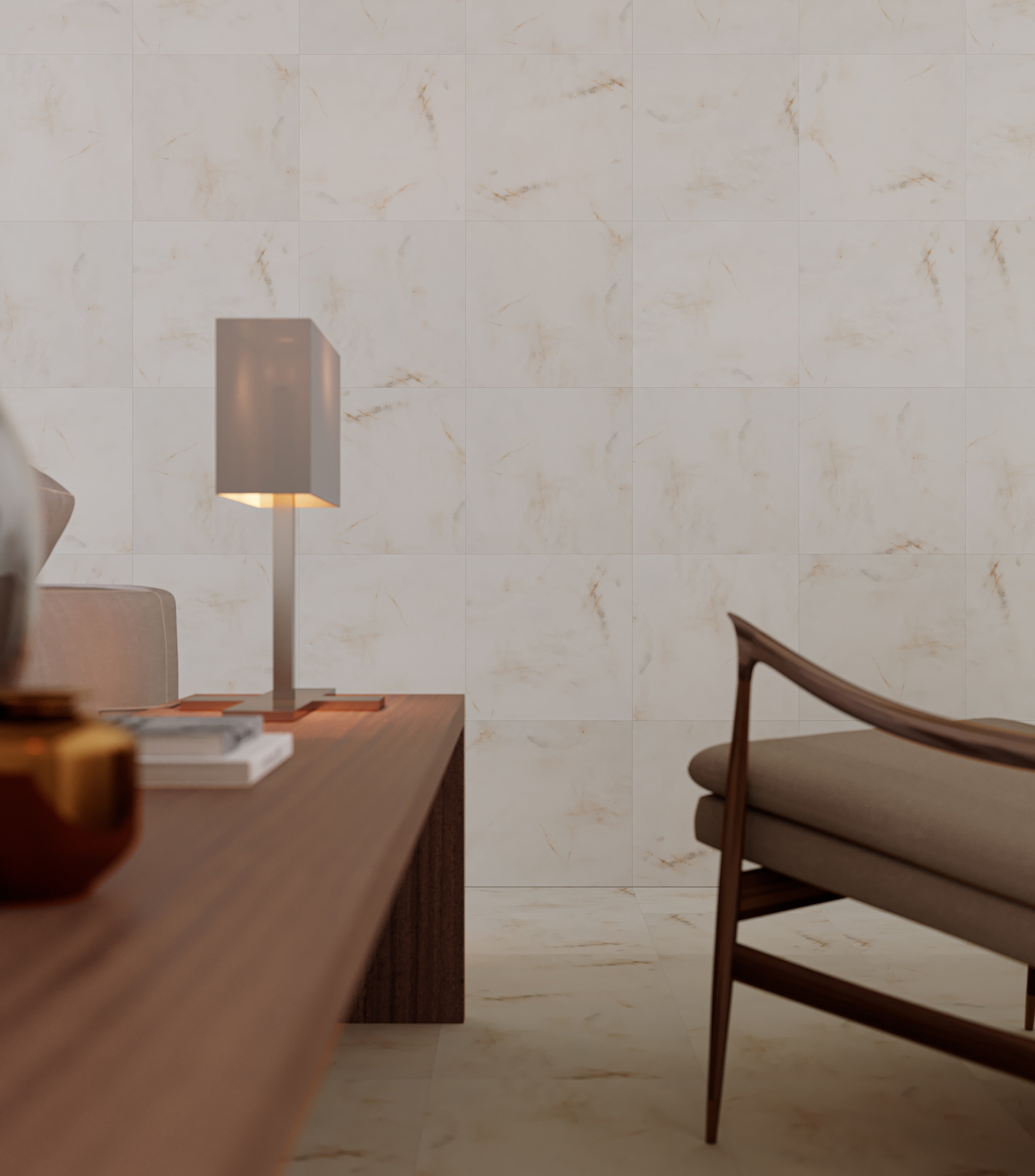 field tile by Anatolia Tile, lifestyle installation view 2, 13" size. Premium porcelain for floors and walls.