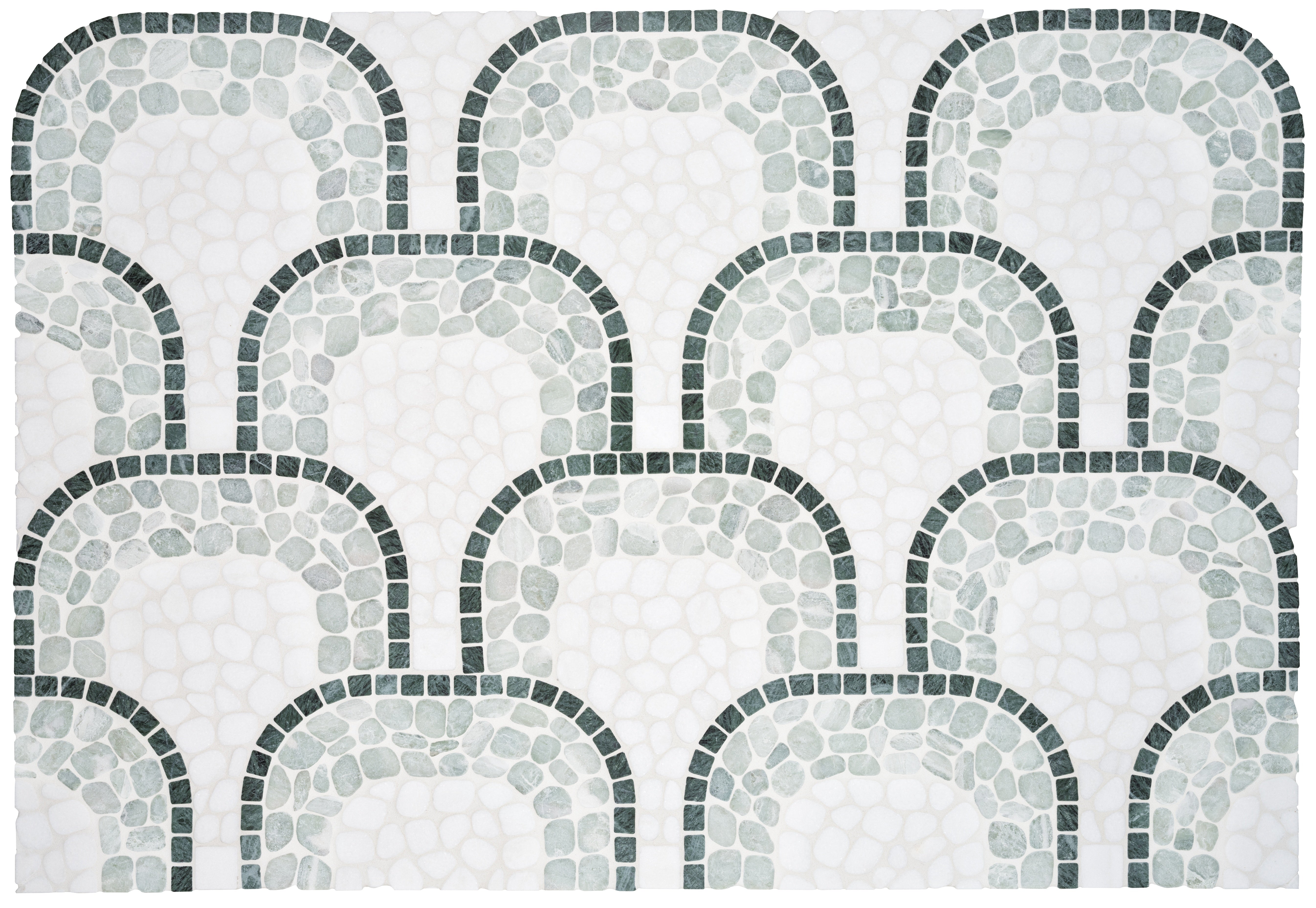 Cabana Jade marble mosaic by Anatolia, top-down product view, 7 13/16"×15 3/8"×5/16" size. Chinese marble for floors and walls.