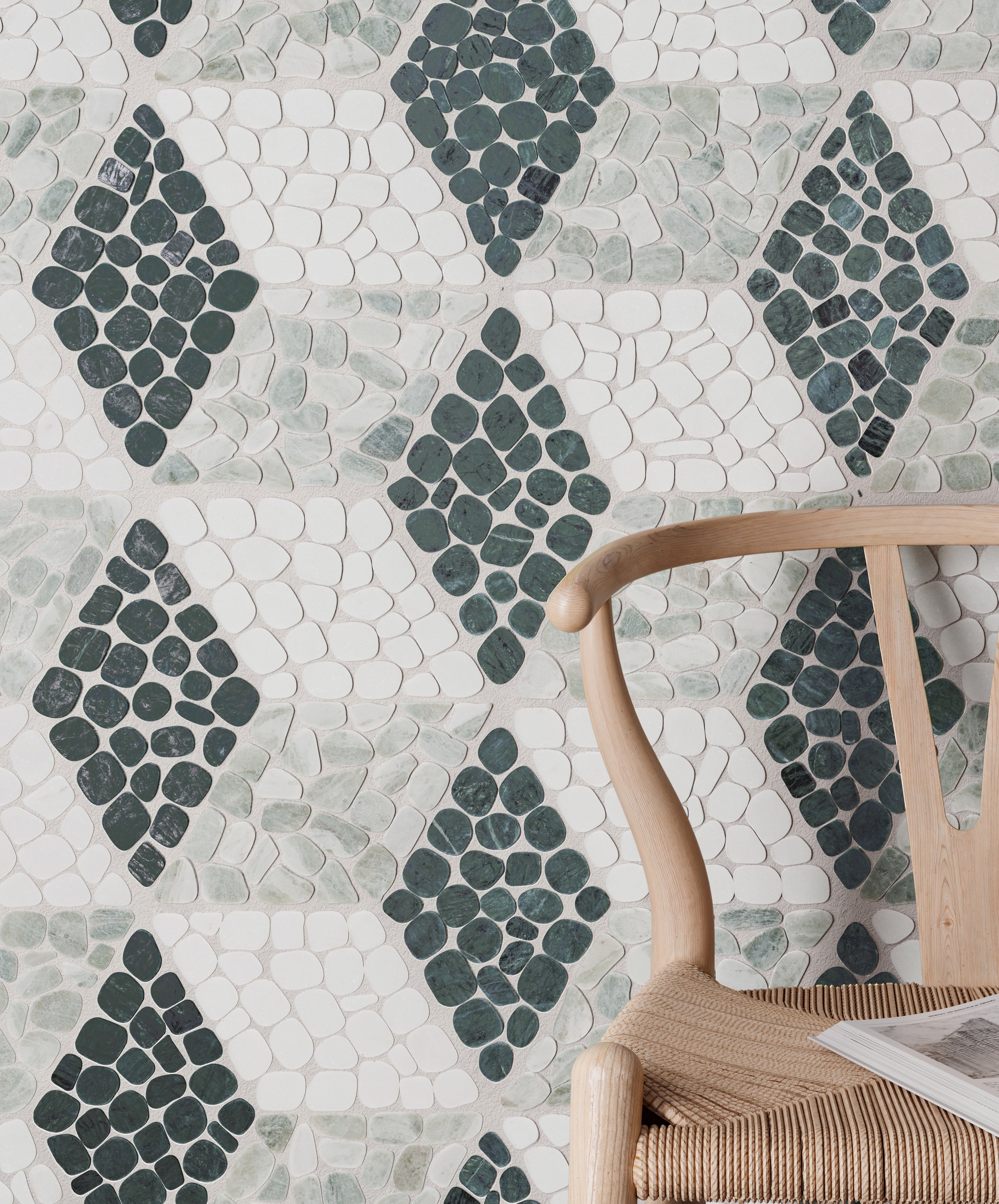 Cabana Jade marble mosaic by Anatolia, top-down product view, 12"×12"×5/16" size. Chinese marble for floors and walls.