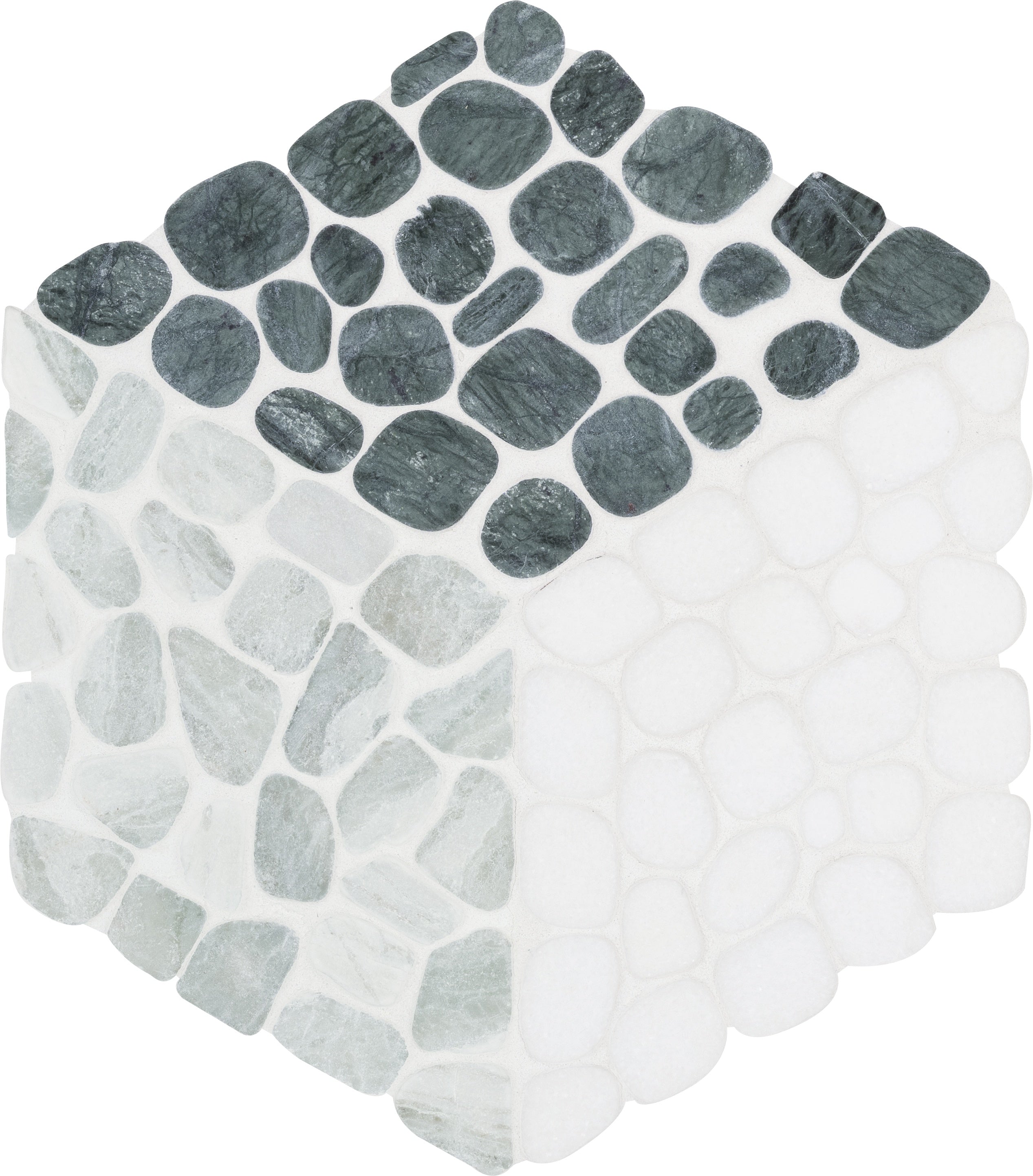 Cabana Jade marble mosaic by Anatolia, top-down product view, 10 1/4"×11 13/16"×5/16" size. Chinese marble for floors and walls.